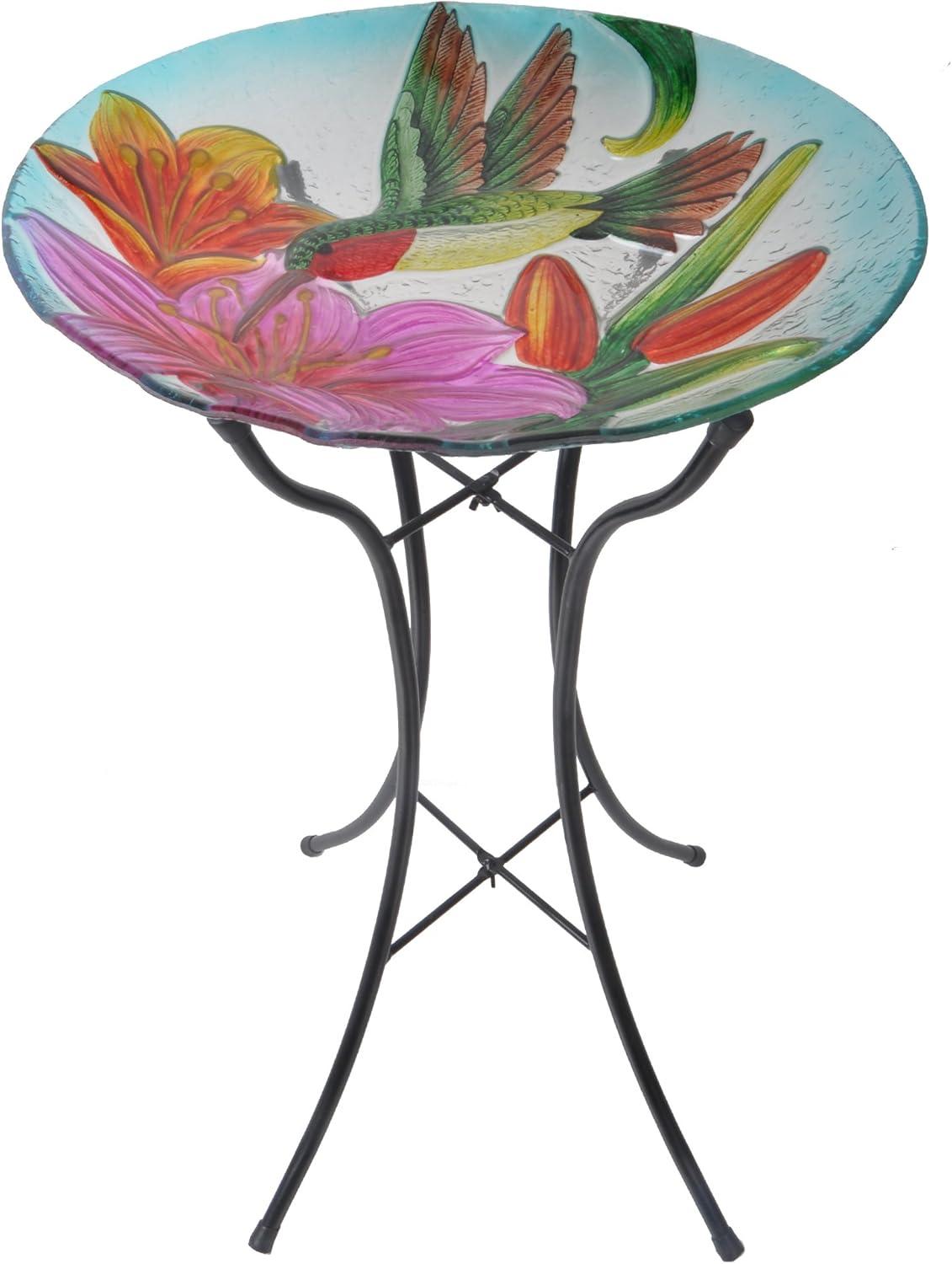 18" Multicolor Glass Hummingbird Birdbath with Metal Stand