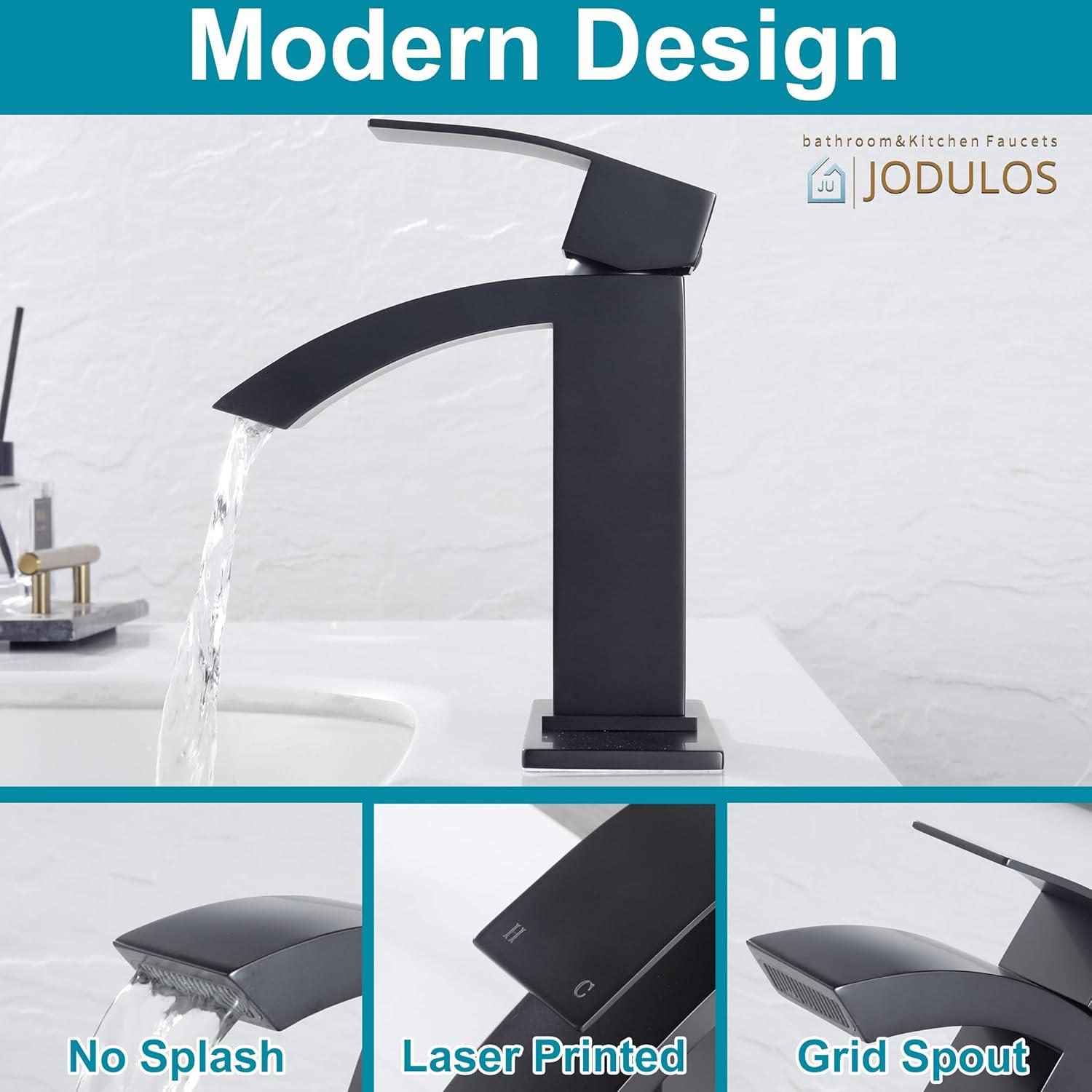 Matte Black Single Handle Waterfall Bathroom Faucet with Pop-Up Drain