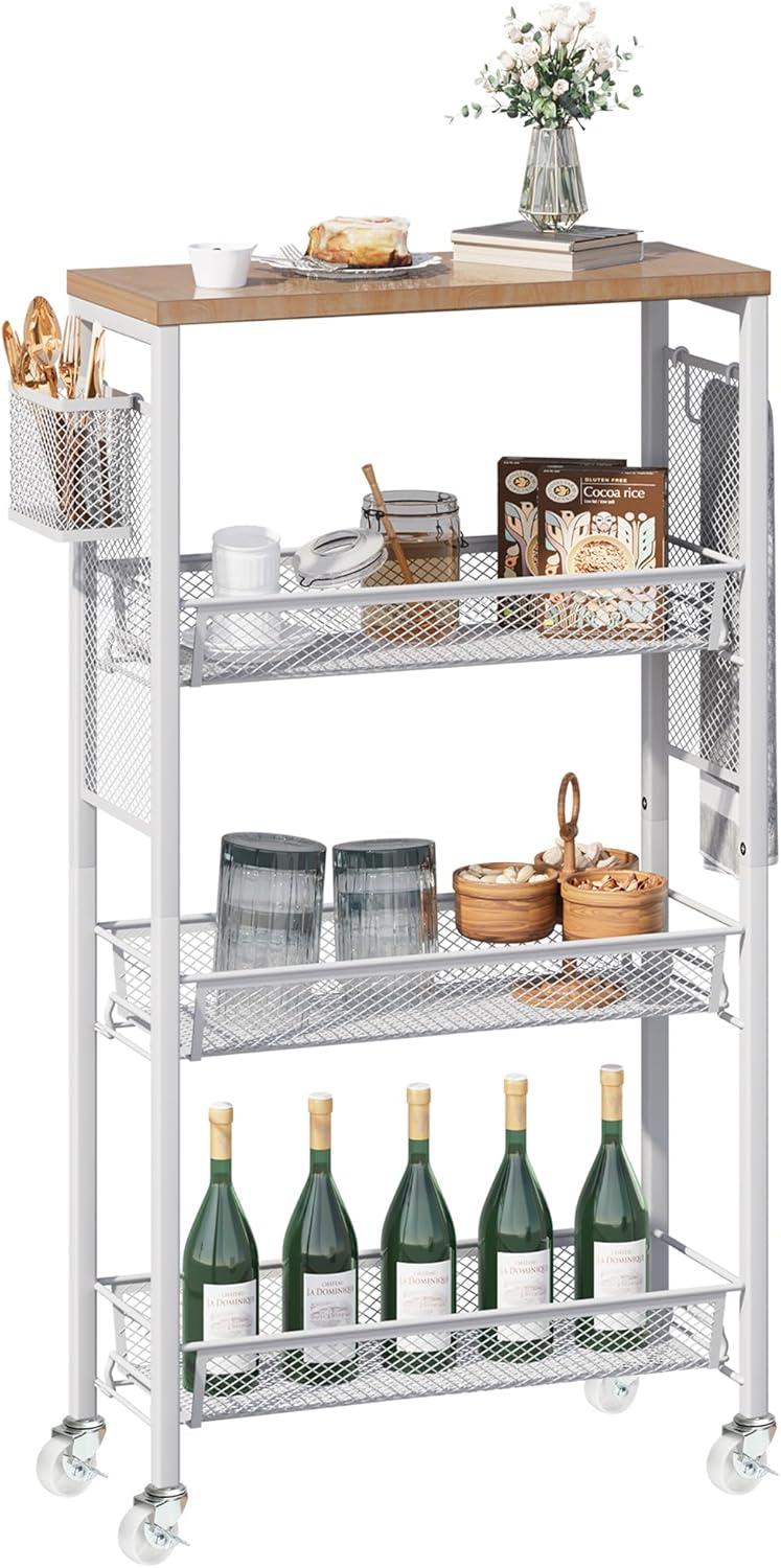 DWVO 4-Tier Slim Rolling Cart on Wheels, 34" Wooden Tabletop Kitchen Storage Organizer Cart with Wire Mesh Baskets, Slide-Out Storage Cart for Kitchen, Bathroom Living Room (White)
