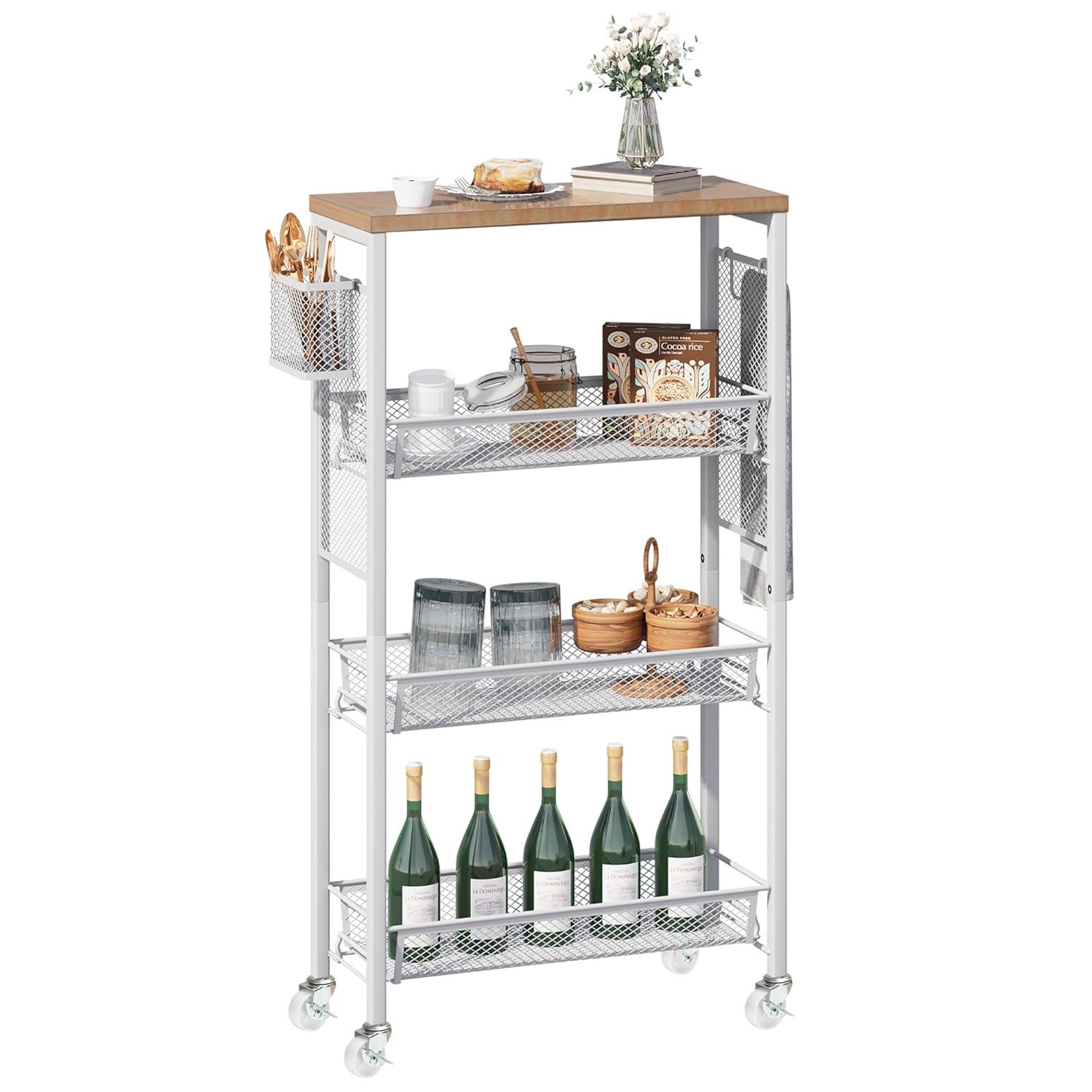 DWVO 4-Tier Slim Rolling Cart on Wheels, 34" Wooden Tabletop Kitchen Storage Organizer Cart with Wire Mesh Baskets, Slide-Out Storage Cart for Kitchen, Bathroom Living Room (White)