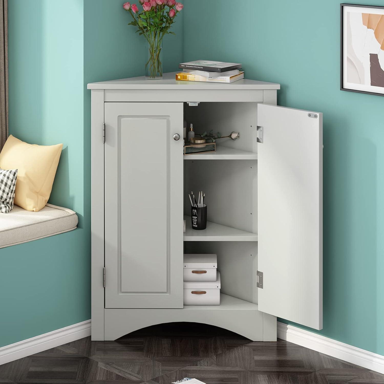 Corner Storage Cabinet with 2 Doors and Shelves, Freestanding Floor Cabinet Bathroom Corner Cabinets for Home Kitchen, Bathroom Grey