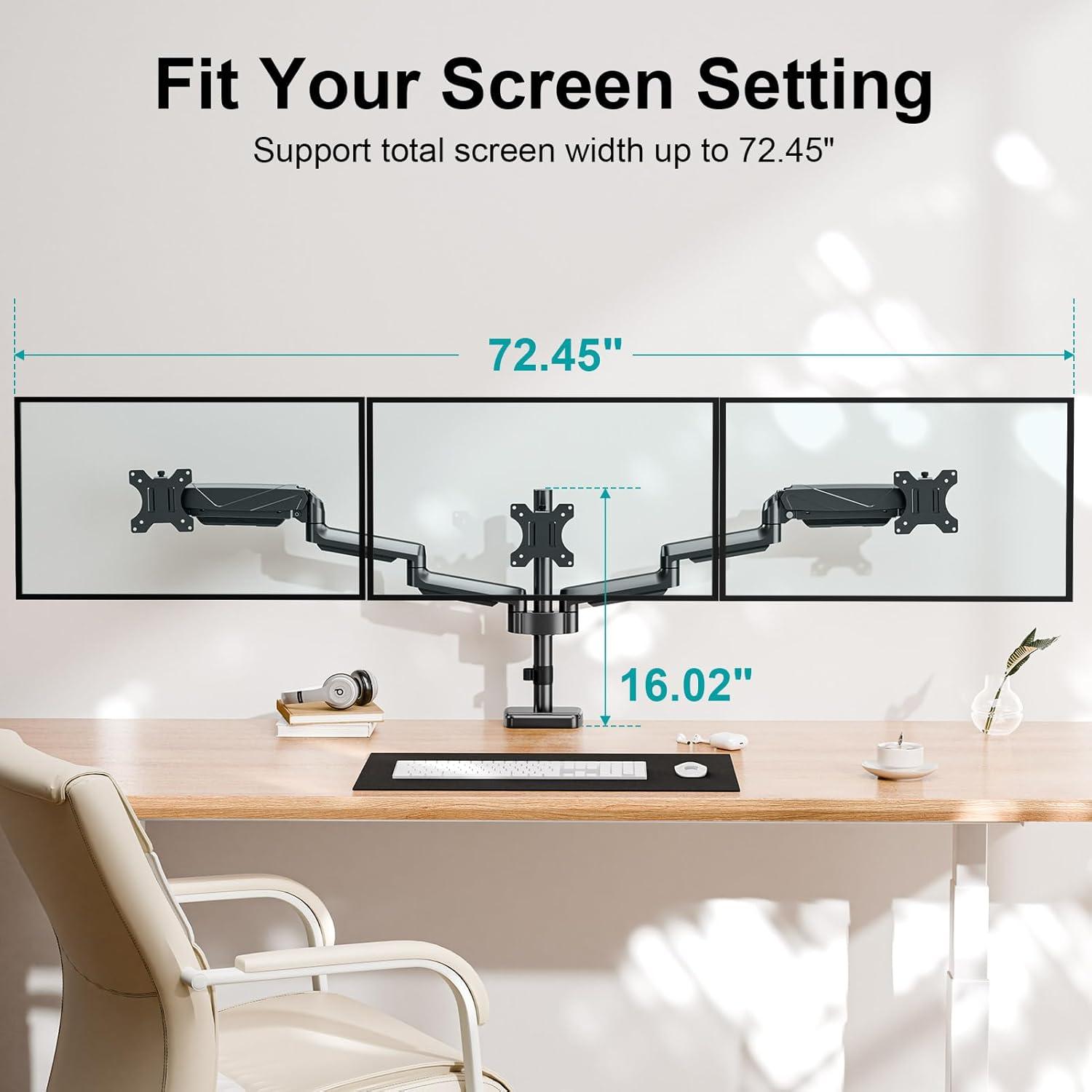 MOUNT PRO Triple Monitor Mount, 3 Monitor Desk Arm fits Three Max 27" LCD Computer Screens, up to 17.6lbs Each, Premium Gas Spring Display Stand with Tilt Swivel Rotation, Vesa Mount 75x75,100x100