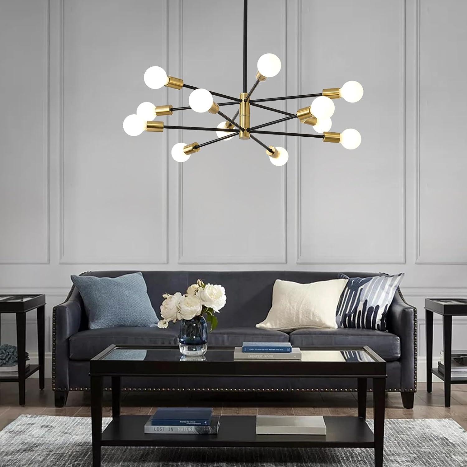 Modern Sputnik Chandelier Ceiling Light Fixture 12-Light E26 Industrial Chandeliers Black Gold Farmhouse Chandelier Height Adjustable Chandeliers for Dining Room, Living Room, Kitchen Island