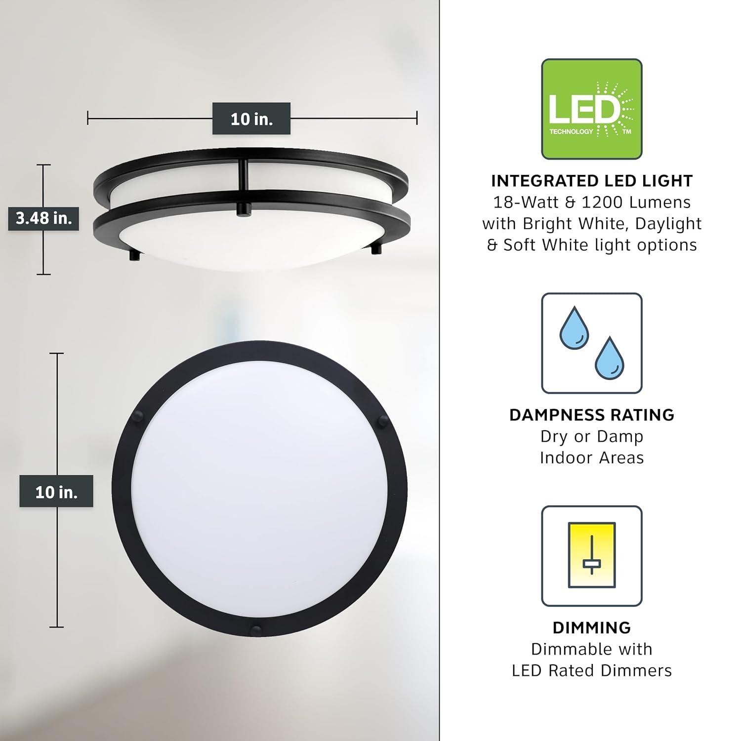 DESIGNERS FOUNTAIN Flush Mount Ceiling Light, 10 Inch Round LED DC Lighting Fixture Kitchen, Bedroom, Bathroom, and Hallway, Dimmable, 1150 Lumens, 3000K/4000K/5000K, Matte Black, EV1410C3C-43