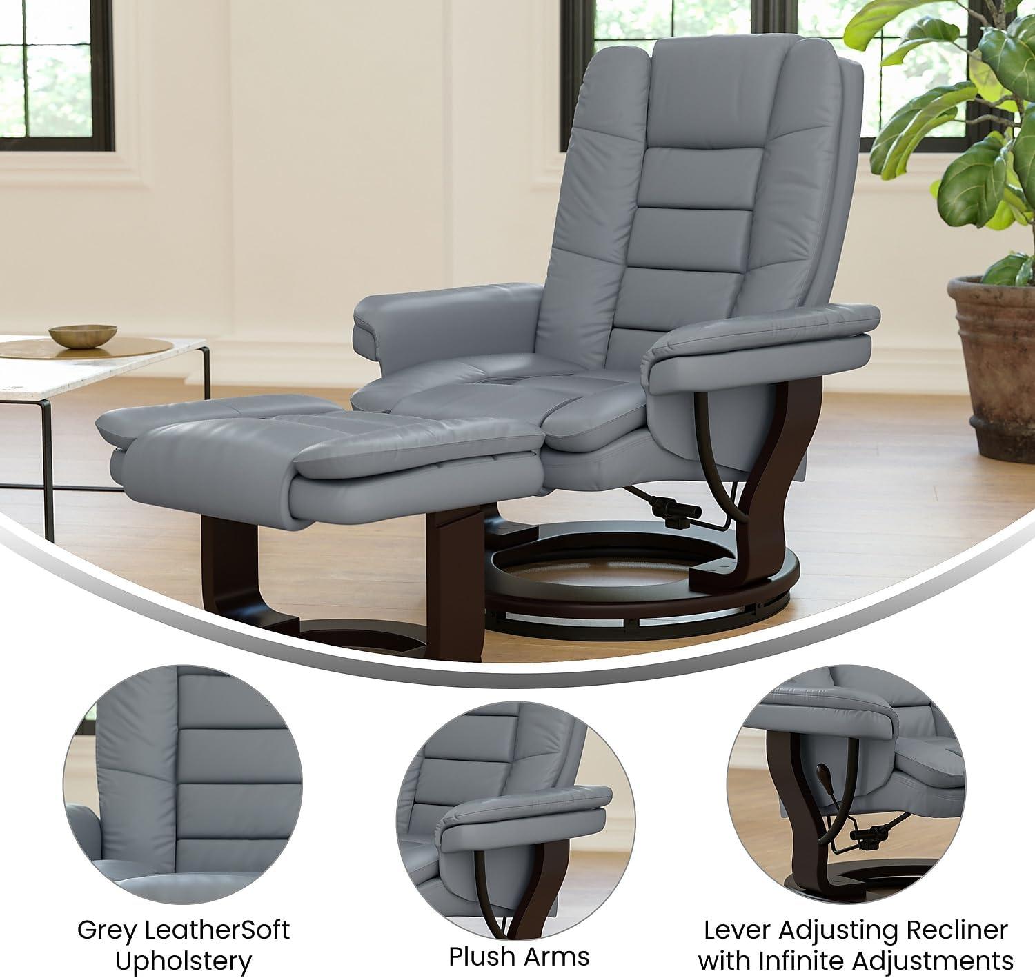 Flash Furniture Bali Contemporary Multi-Position Recliner with Horizontal Stitching and Ottoman with Swivel Mahogany Wood Base in Gray LeatherSoft