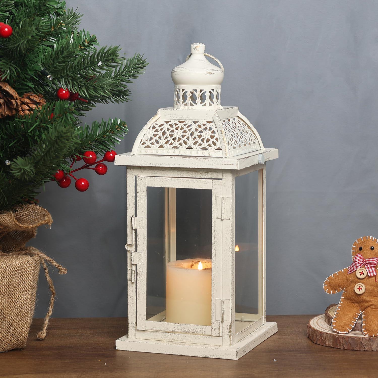 DECORKEY Lantern Decorative Indoor&Outdoor, 14.4'' Large Metal Candle Lanterns, Vintage Hanging Candle Holders Farmhouse Shelf Wedding Front Porch Patio Decor, Halloween Christmas Decorations for Home