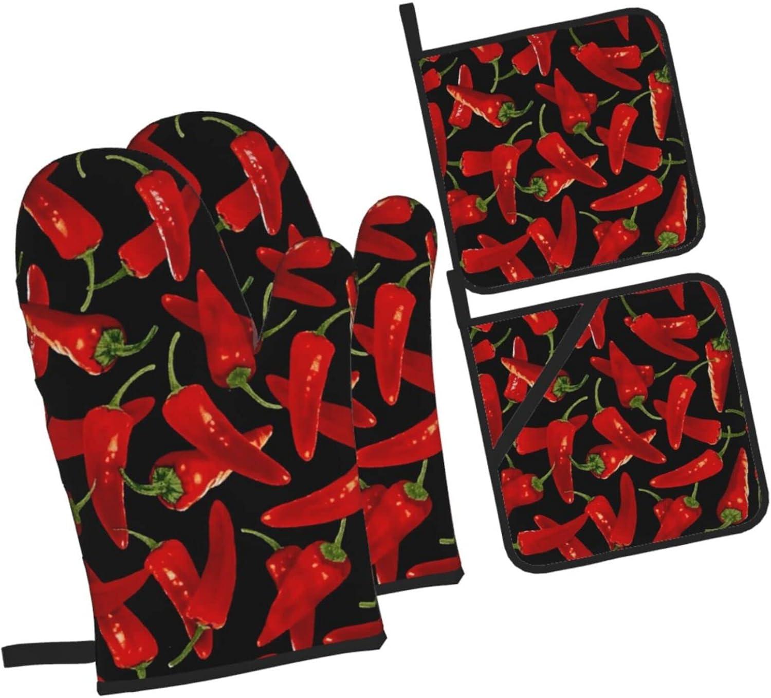 Chili Peppers Chili Oven Mitts and Pot Holders Sets of 4 Resistant Hot Pads with Non-Slip BBQ Gloves for Kitchen Cooking Baking