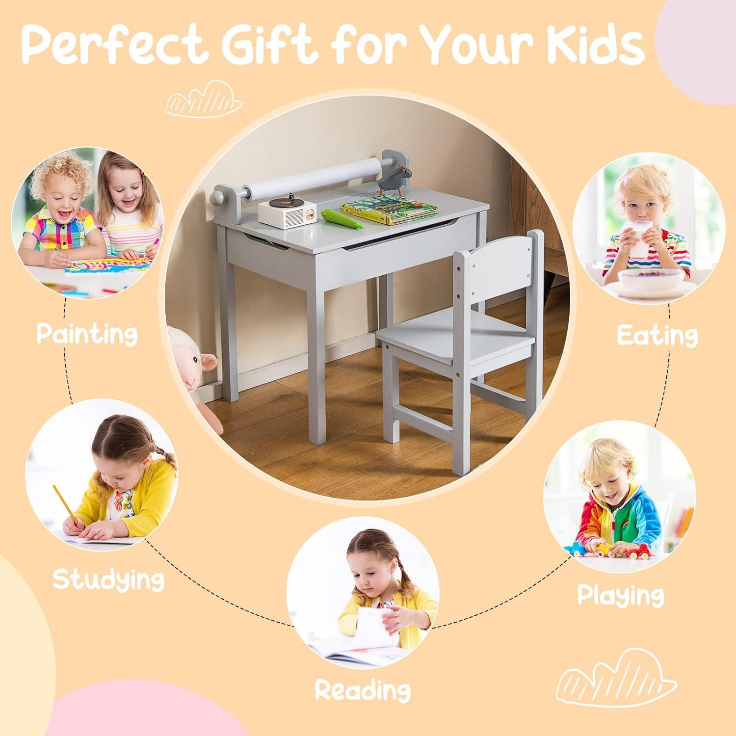 Gray Wooden Kids Activity Table and Chair Set with Storage