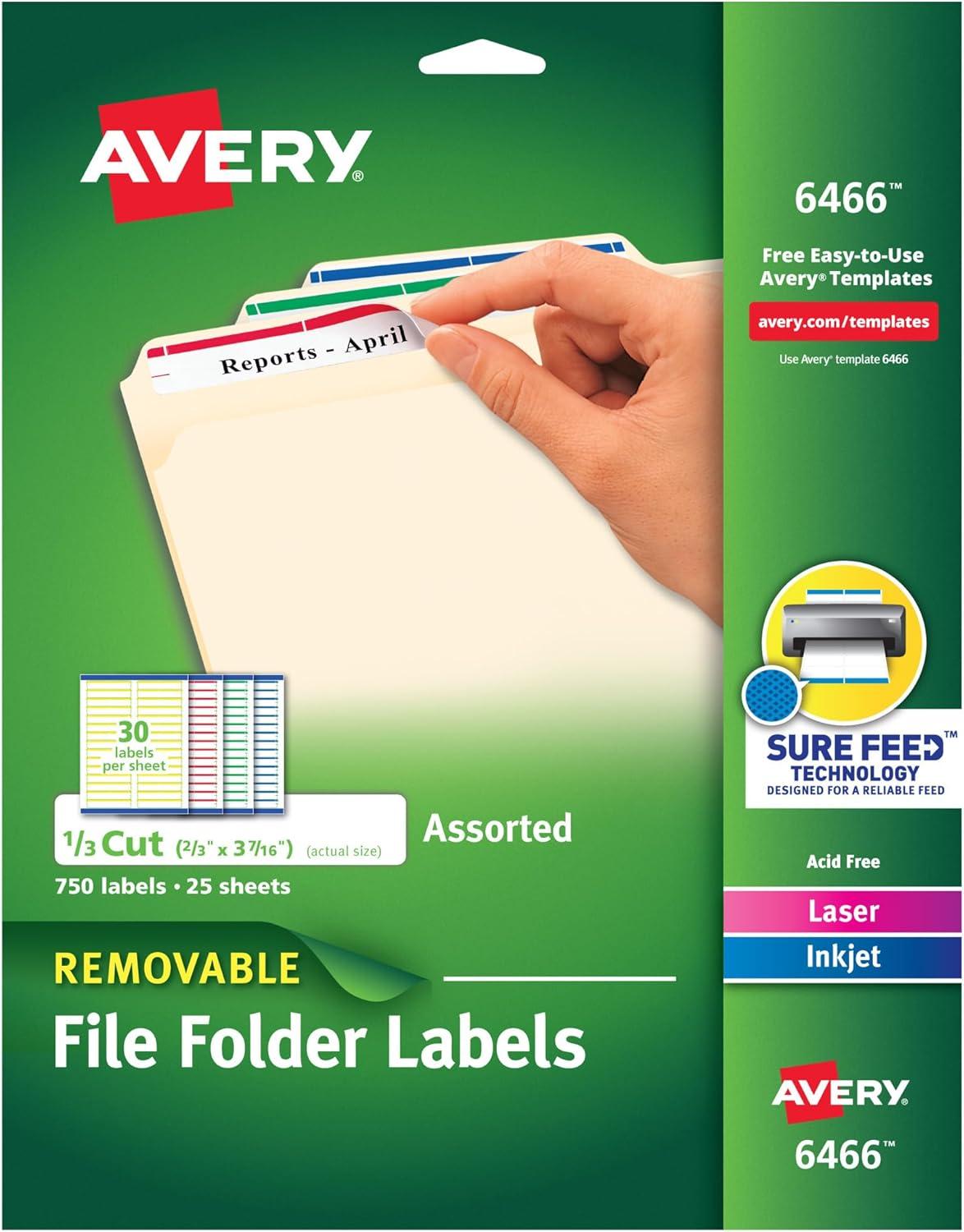 Avery Assorted Removable File Folder Labels, 750-Pack