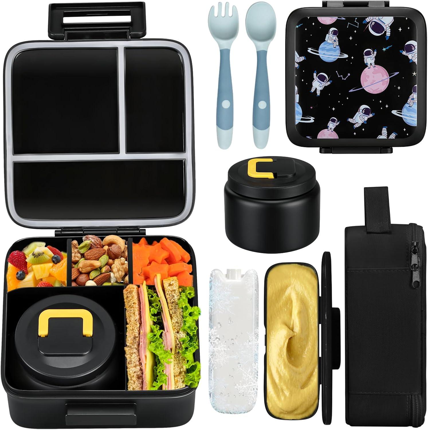 Bento Lunch Box for Kids With 8oz Soup thermo,Leak-proof Lunch Containers with 5 Compartment,thermo Food Jar and Lunch Bag, Food Containers for School (A-Black(Game Consoley))