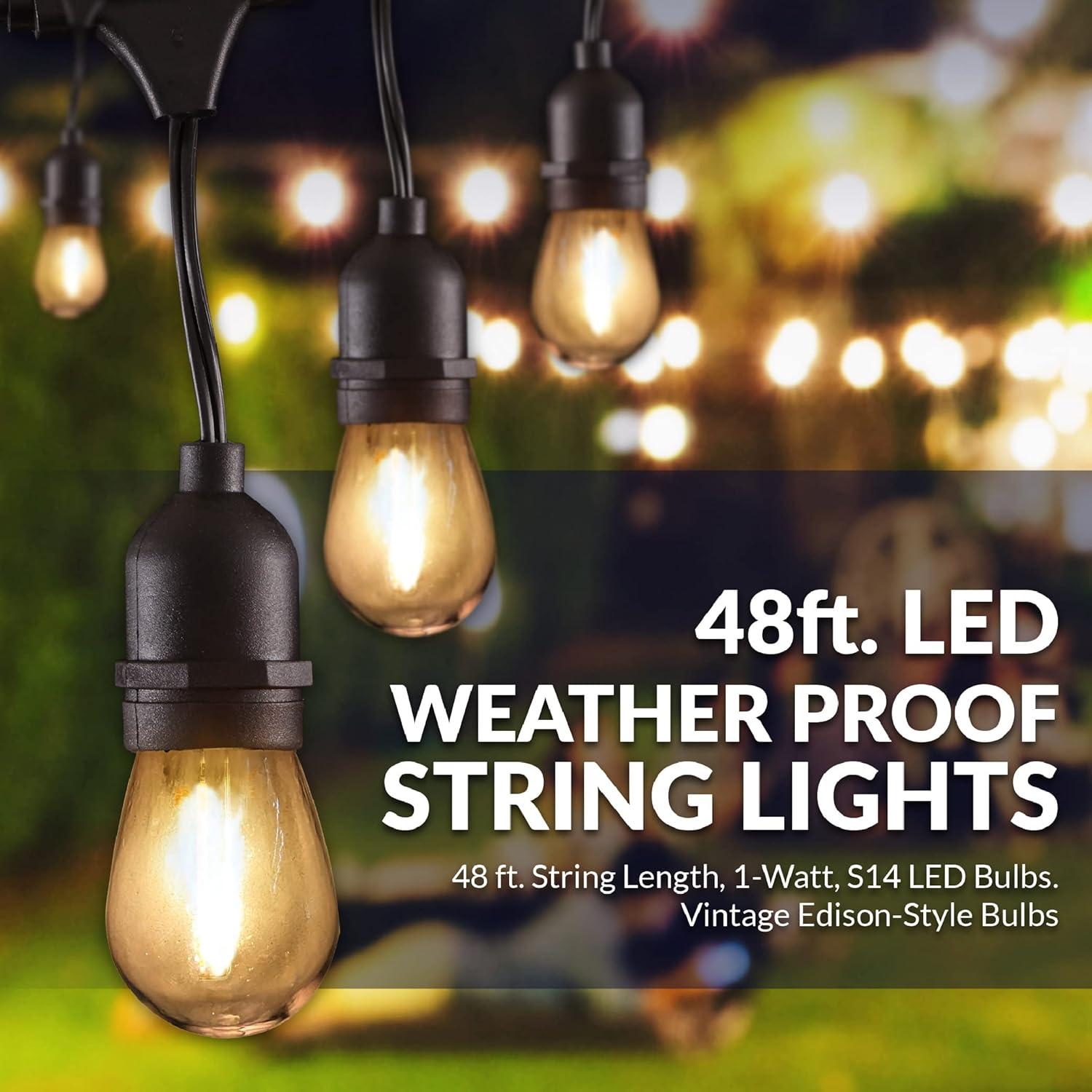 Newhouse Lighting 48ft String Lights 15 Sockets Warm White LED Bulbs