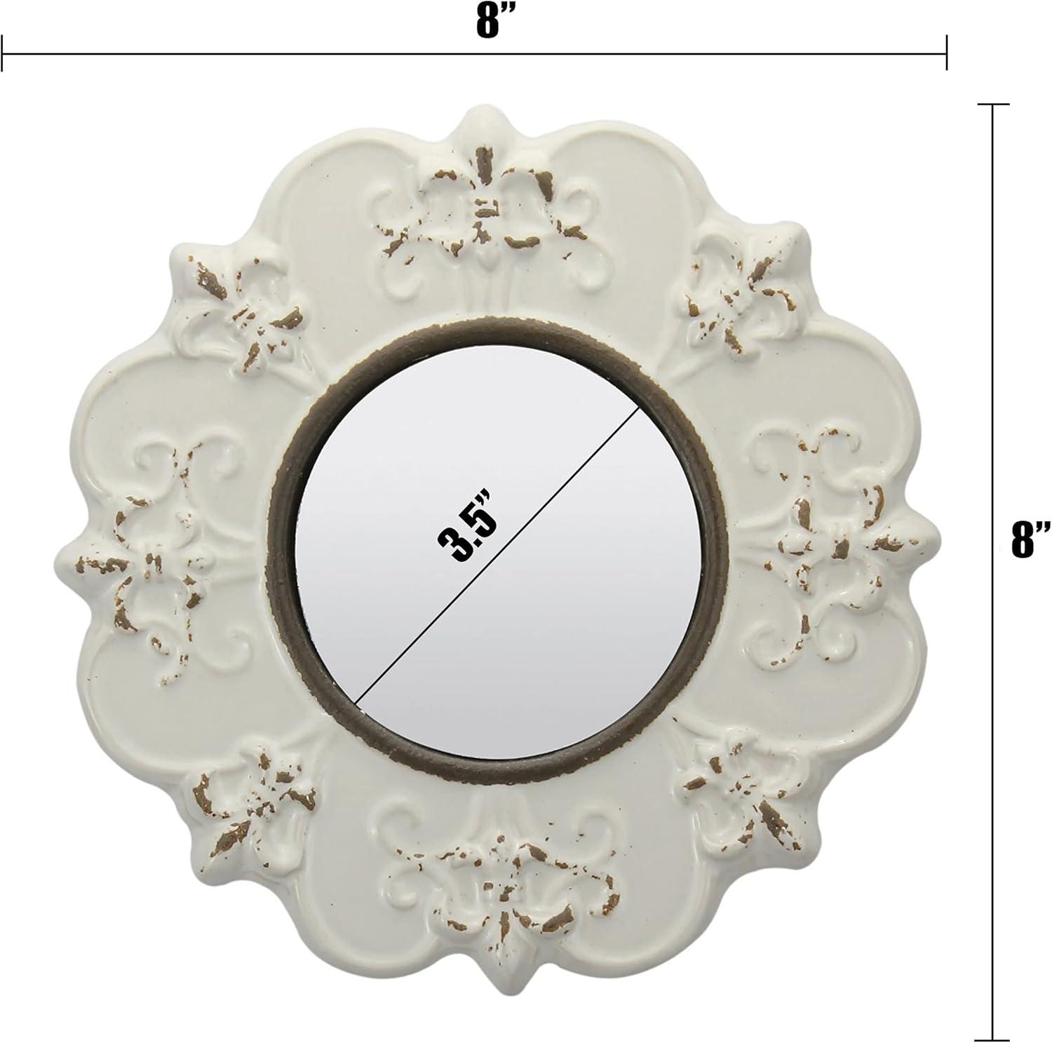 Antique White 8" Round Ceramic Fleur de Lis Wall Mirror