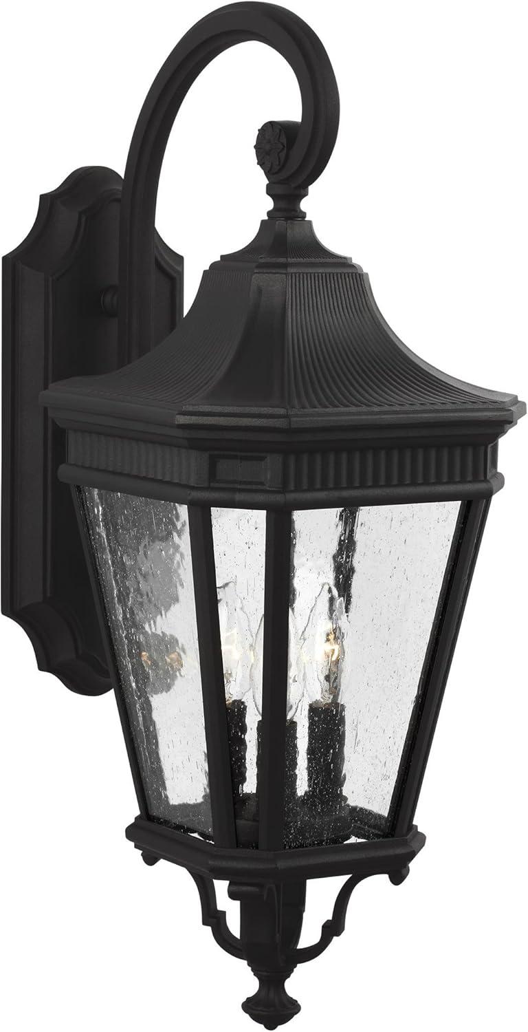 Black Aluminum 3-Light Outdoor Wall Lantern with Clear Seeded Glass