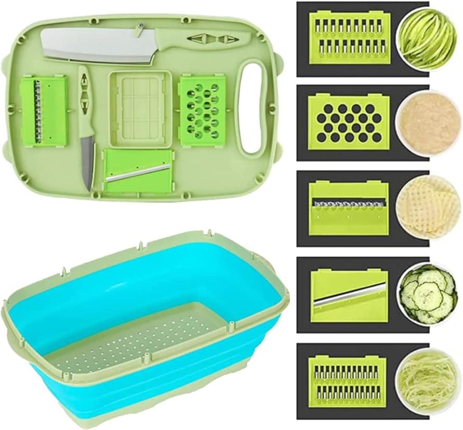 R&M HOME Green Plastic Multi-Functional Folding Cutting Board, 9-in-1 with Grating, Chopping, Slicing, Cutting, and Washing Functions for Vegetables and Fruits, Knife-Safe, Perfect for Kitchen.