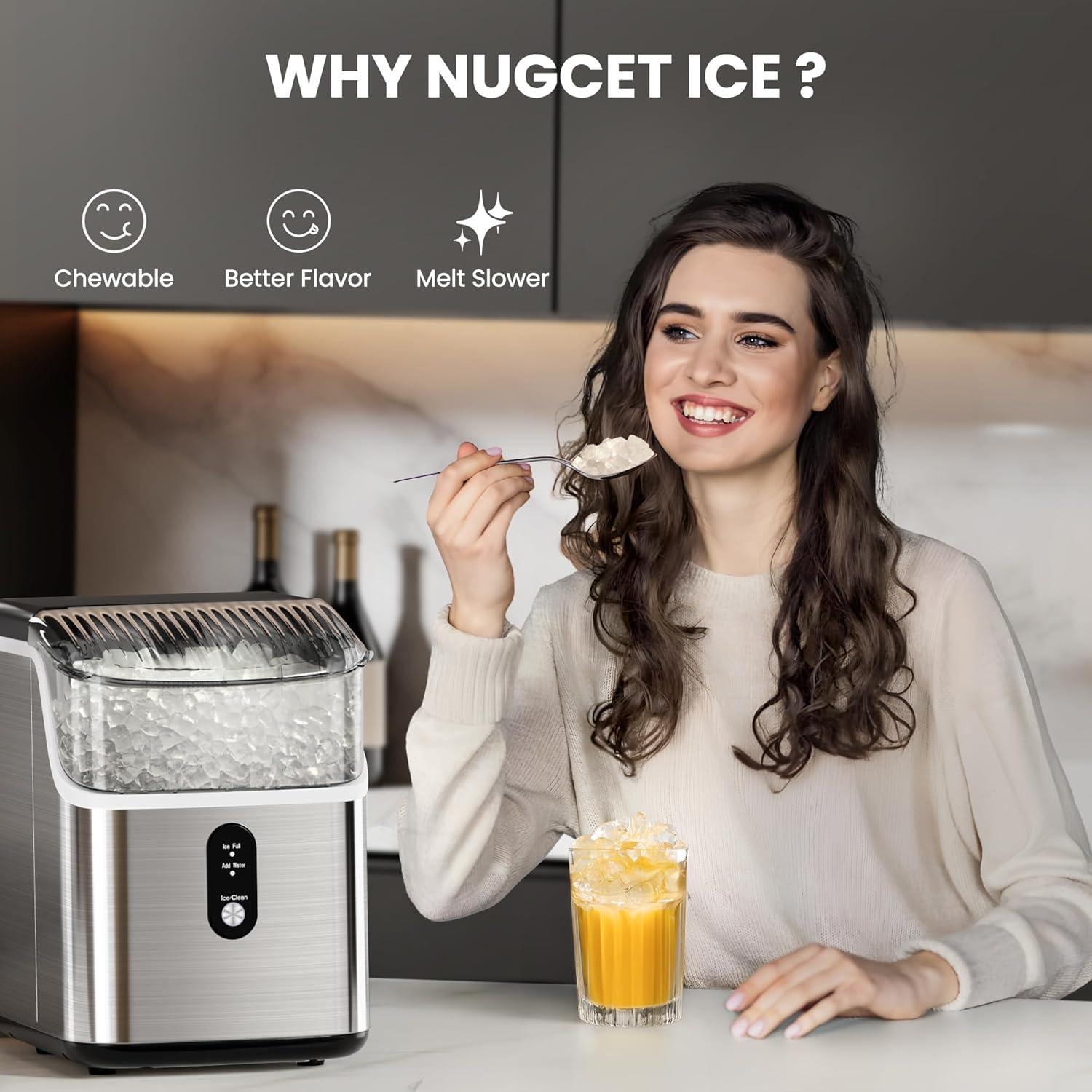 Silver Portable Countertop Nugget Ice Maker with Ice Scoop