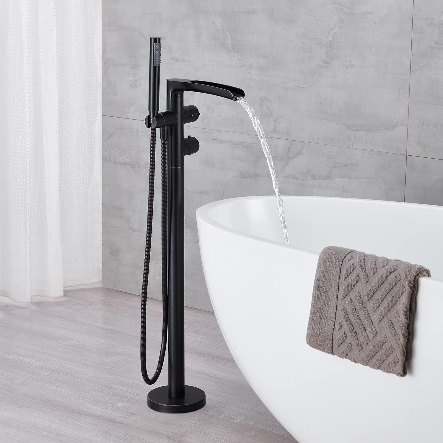MOGFCT Waterfall Freestanding Bathtub Faucet Set Single Handle Floor Mount Tub Filler with Hand Shower ,Matte Black