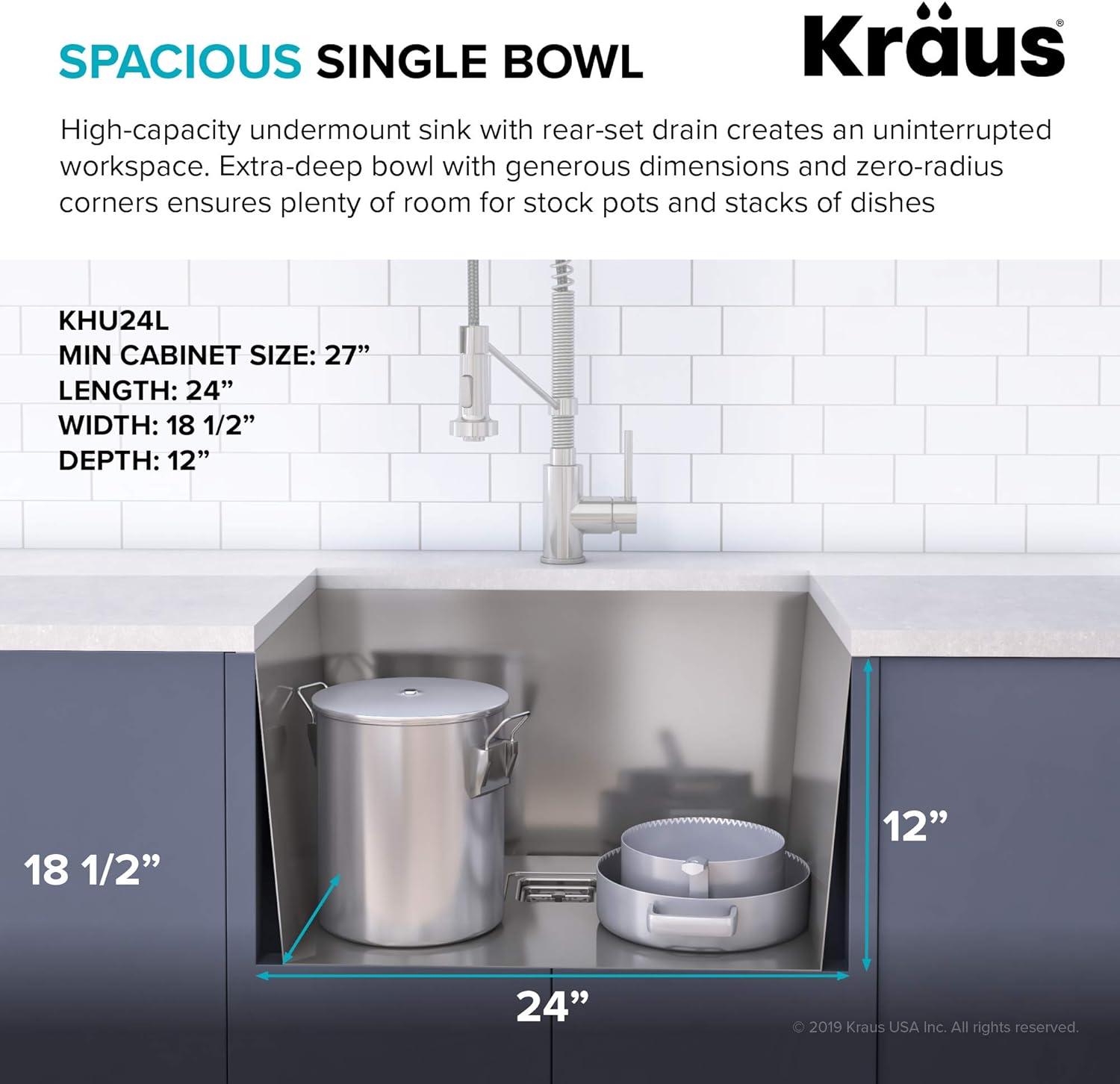 KRAUS Pax™ Zero-Radius 24-inch L 18 Gauge Undermount Single Bowl Stainless Steel Laundry and Utility Sink