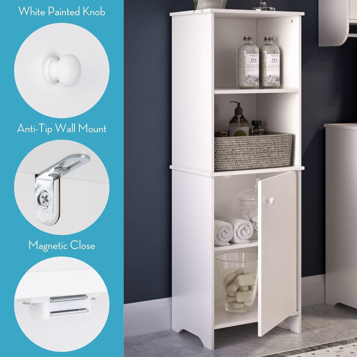 RiverRidge Medford Tall Bathroom Storage Cabinet and Linen Organizer with Door and Adjustable Shelves - White