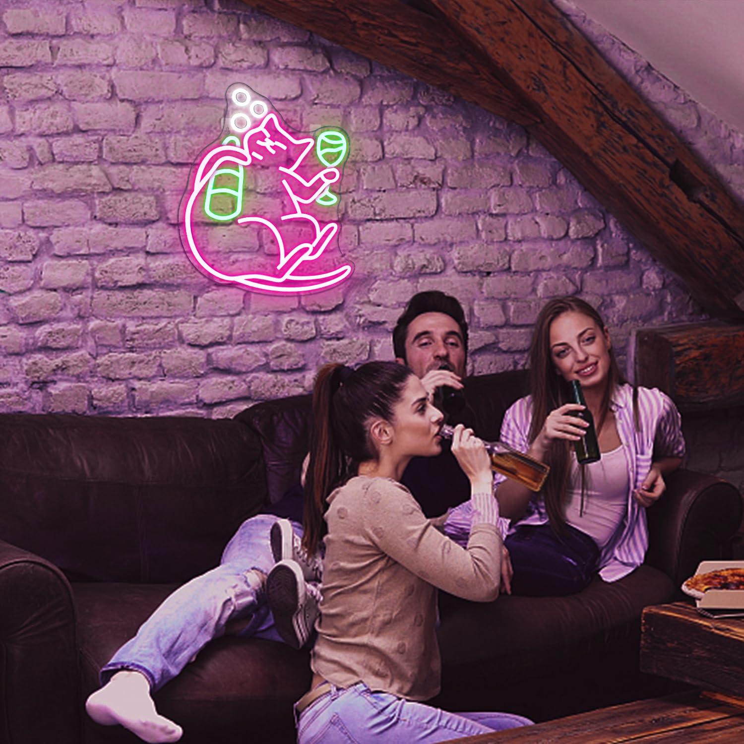 NOSUN Cat Beer Neon Sign Funny Bar Neon Signs for Wall Decor with Dimmable Cat Beer Led Sign Pink Animal Bar Light Up Signs for Bedroom Men Cave Home Birthday Party Home Bar Decor