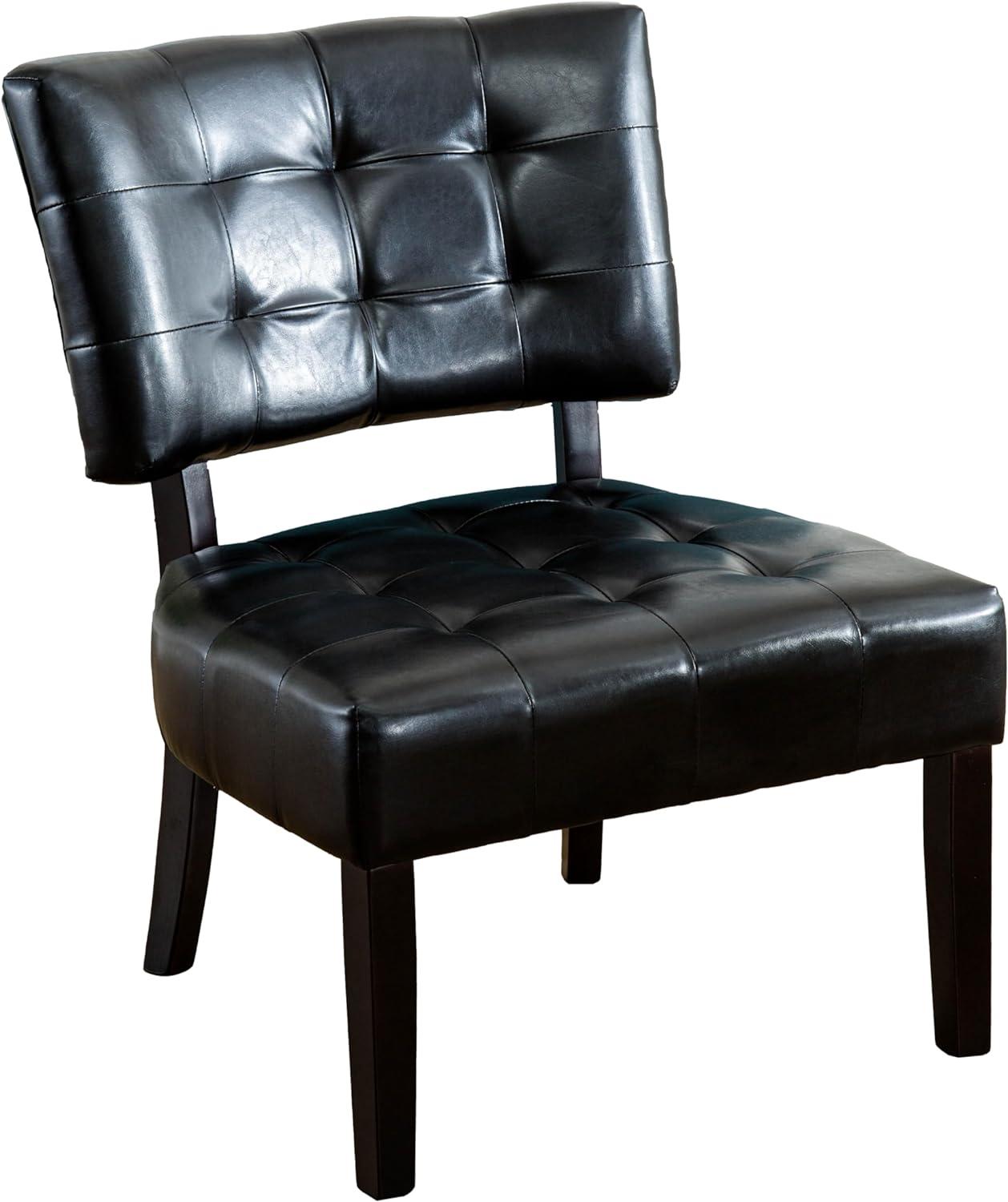 Luxurious Black Faux Leather Tufted Slipper Chair with Wood Legs