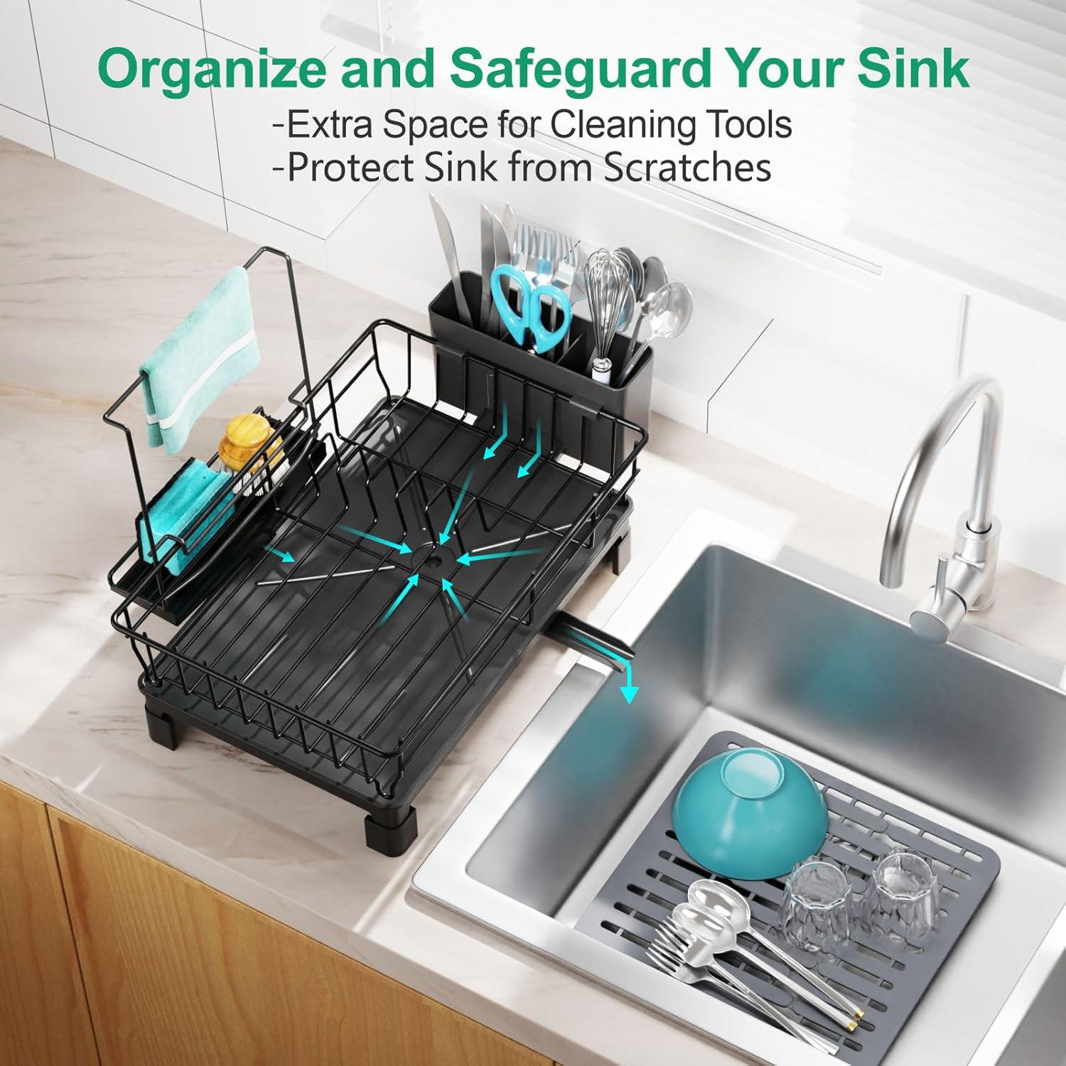 iSPECLE Dish Drying Rack with Drainboard - Dish Racks for Kitchen Counter, Rust-Resistant Compact Dish Drainer with Utensil Holder, Drain Spout and High Feet on Drip Tray, Black