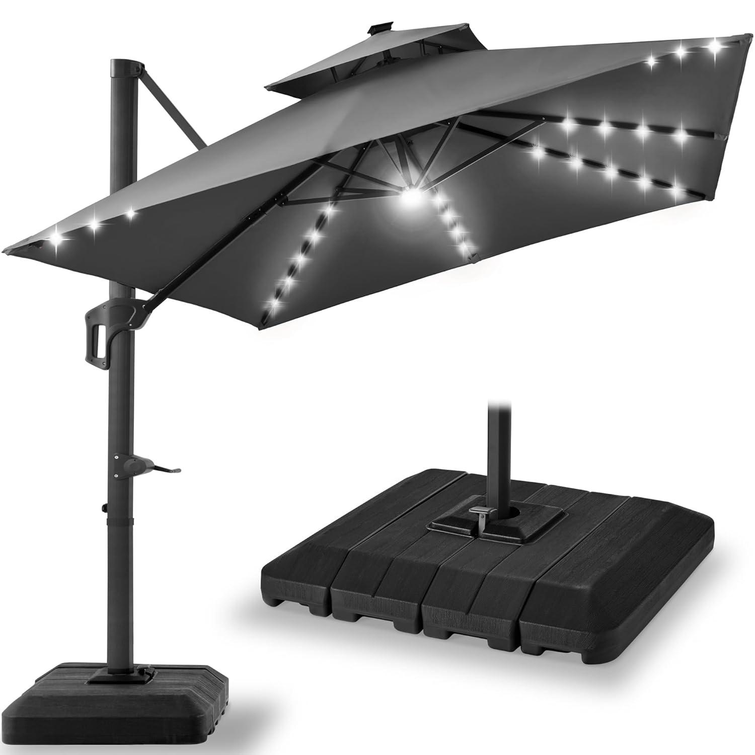 Best Choice Products 10x10ft 2-Tier Square Outdoor Solar LED Cantilever Patio Umbrella w/ Base Included - Gray