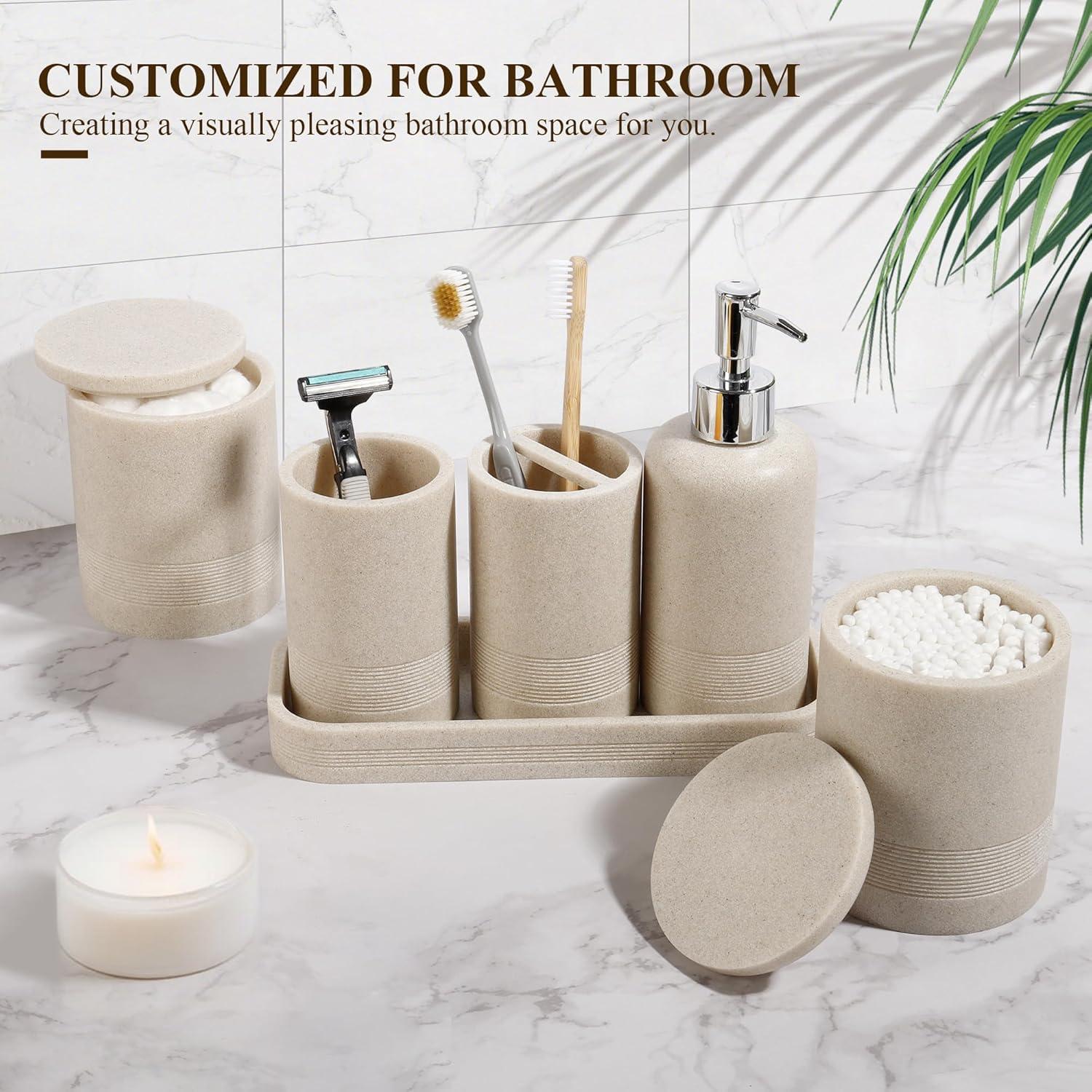 Beige Stone Textured 6-Piece Polyresin Bathroom Accessory Set