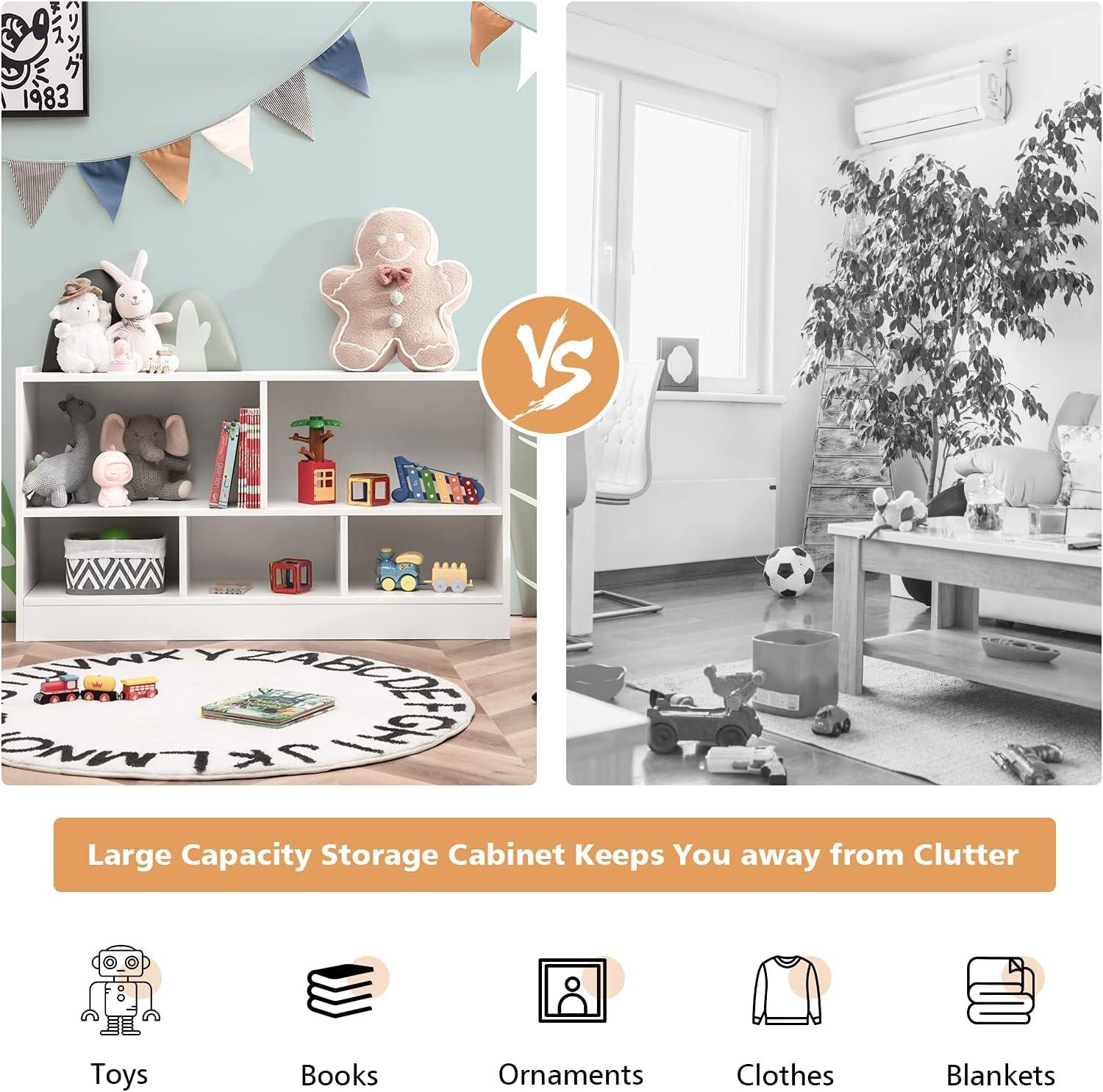 5 Cube Storage Organizer, 2-Tier Horizontal Bookshelf, Wooden Display Book Shelves for Home Office Classroom, Low Bookcase Under Window (White, 44” x 12” x 24”)