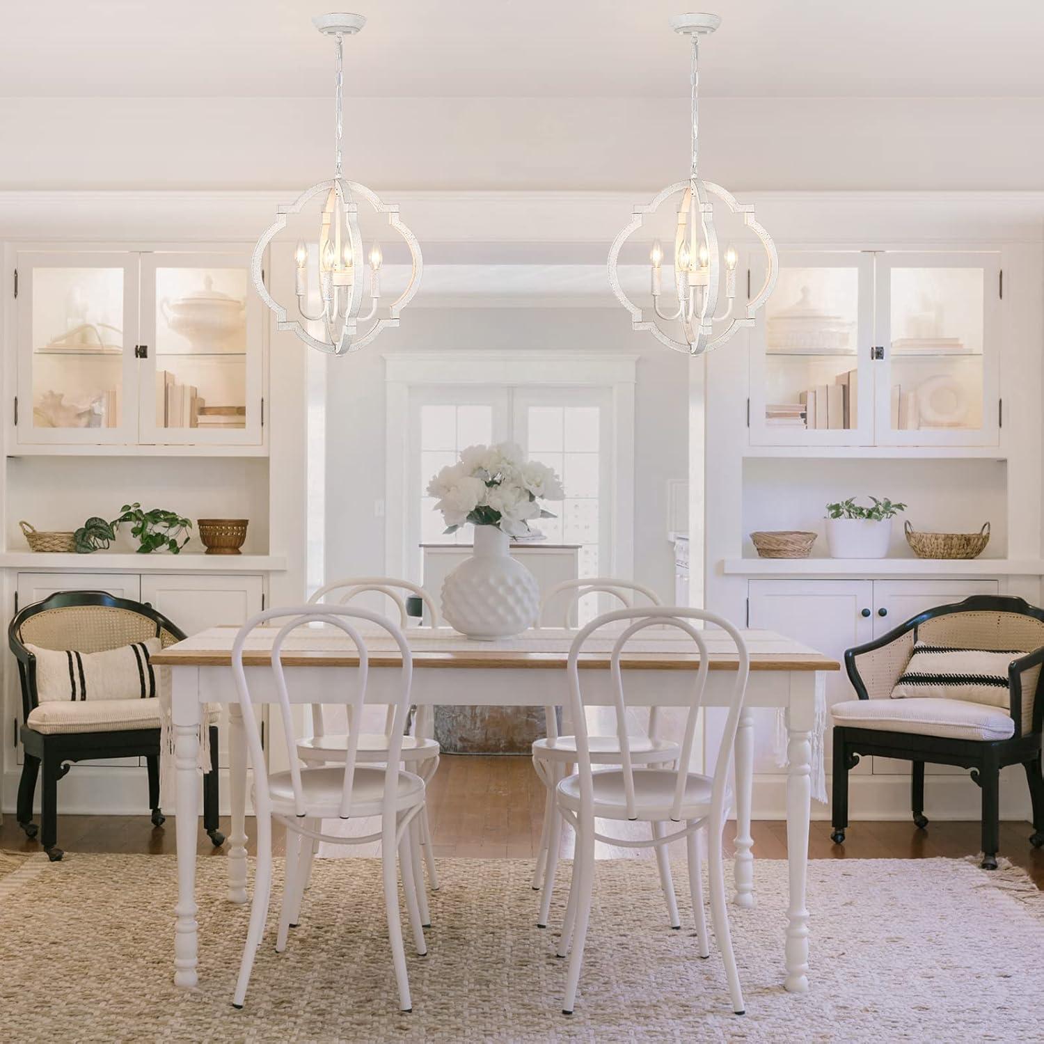 Farmhouse Chandelier Rustic Orb Chandeliers for Dining Room White Wooden Pendant Lighting 4 Light Small French Country Hanging Light Fixtures for Kitchen Island Living Room Bedroom Entryway