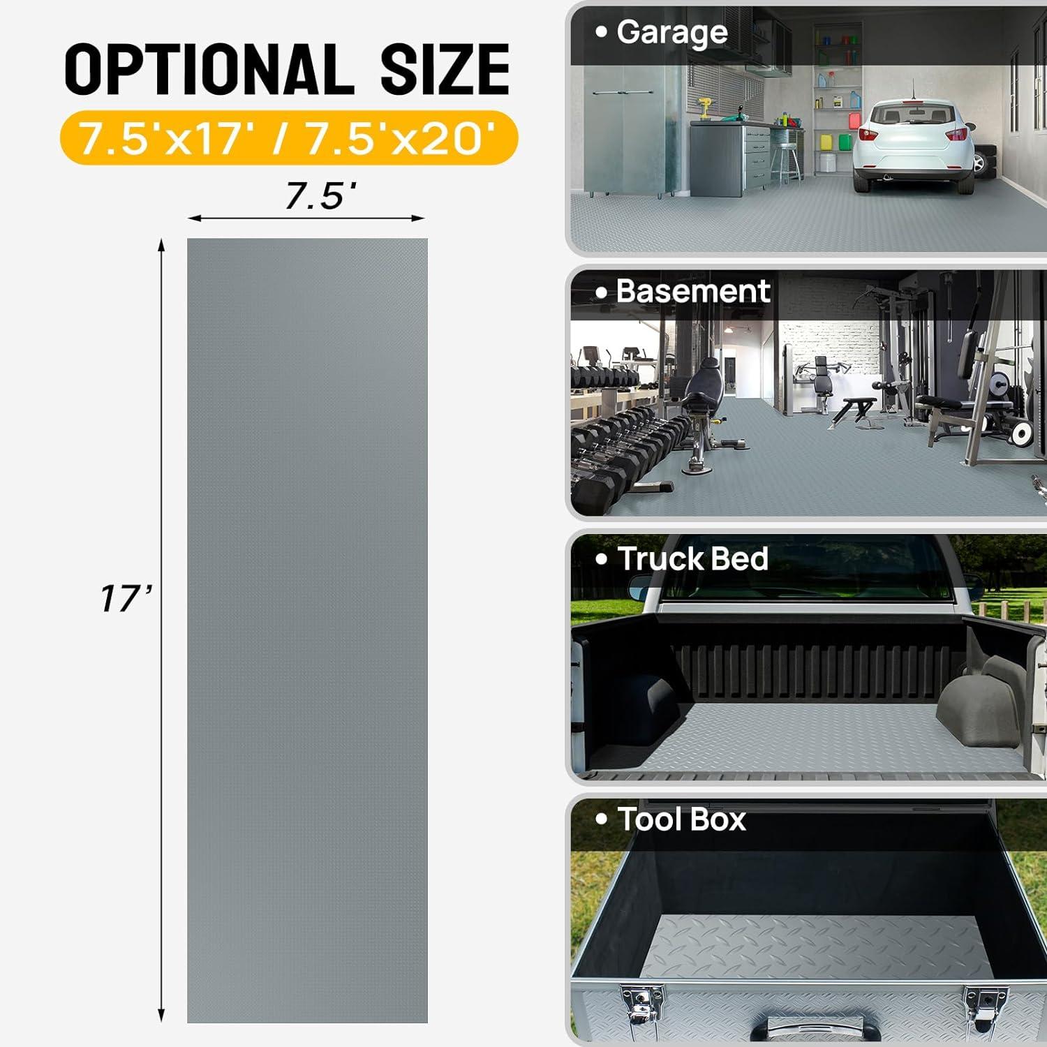 TUFFIOM 7.5 x 17 FT Garage Floor Mat, Thickened Diamond Plate PVC Garage Flooring Roll for Under Car Parking Protect, Floor Mats for Garage, RV Trailer Flooring, Water/Stain Resistant