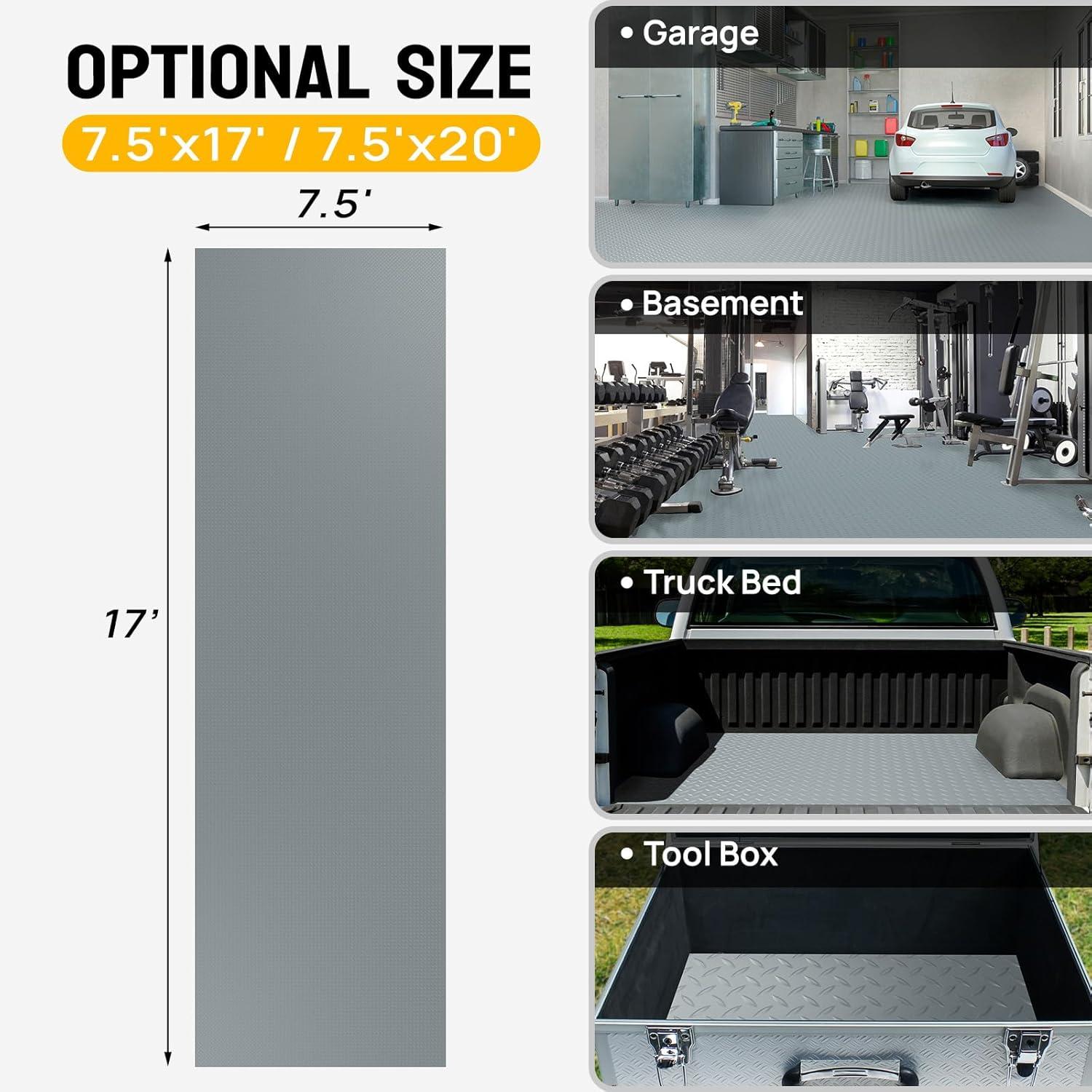 TUFFIOM 7.5 x 17 FT Garage Floor Mat, Thickened Diamond Plate PVC Garage Flooring Roll for Under Car Parking Protect, Floor Mats for Garage, RV Trailer Flooring, Water/Stain Resistant
