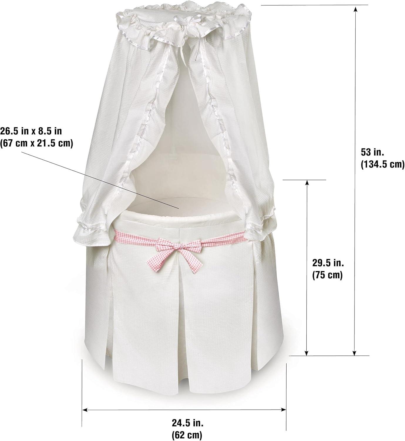 Badger Basket Empress Round Baby Bassinet with Canopy - White Bedding with Gingham Belts