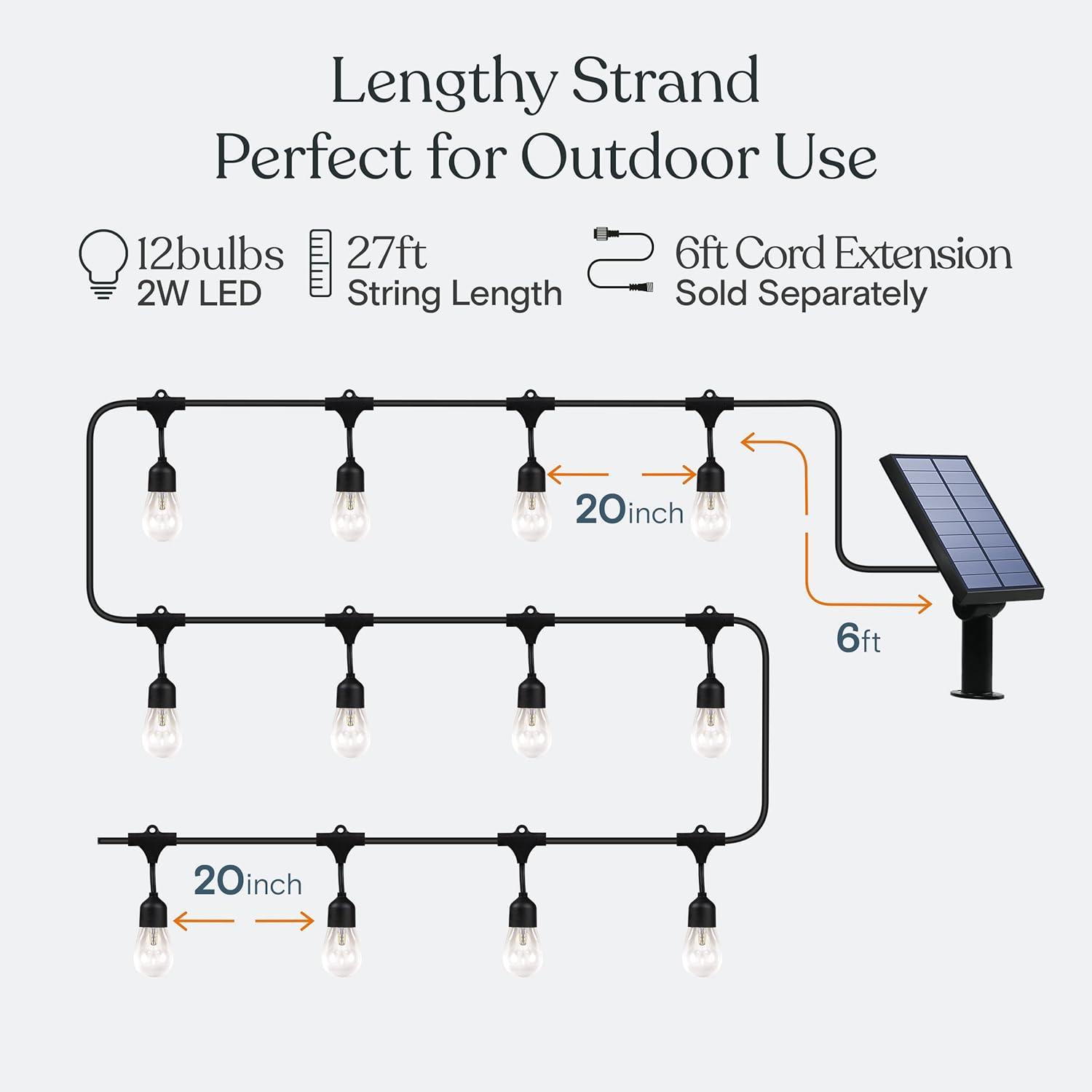 Ambience Pro 12-Light 27 ft. Outdoor Solar LED 2-Watt S14 2700K Warm White Bulb String Lights