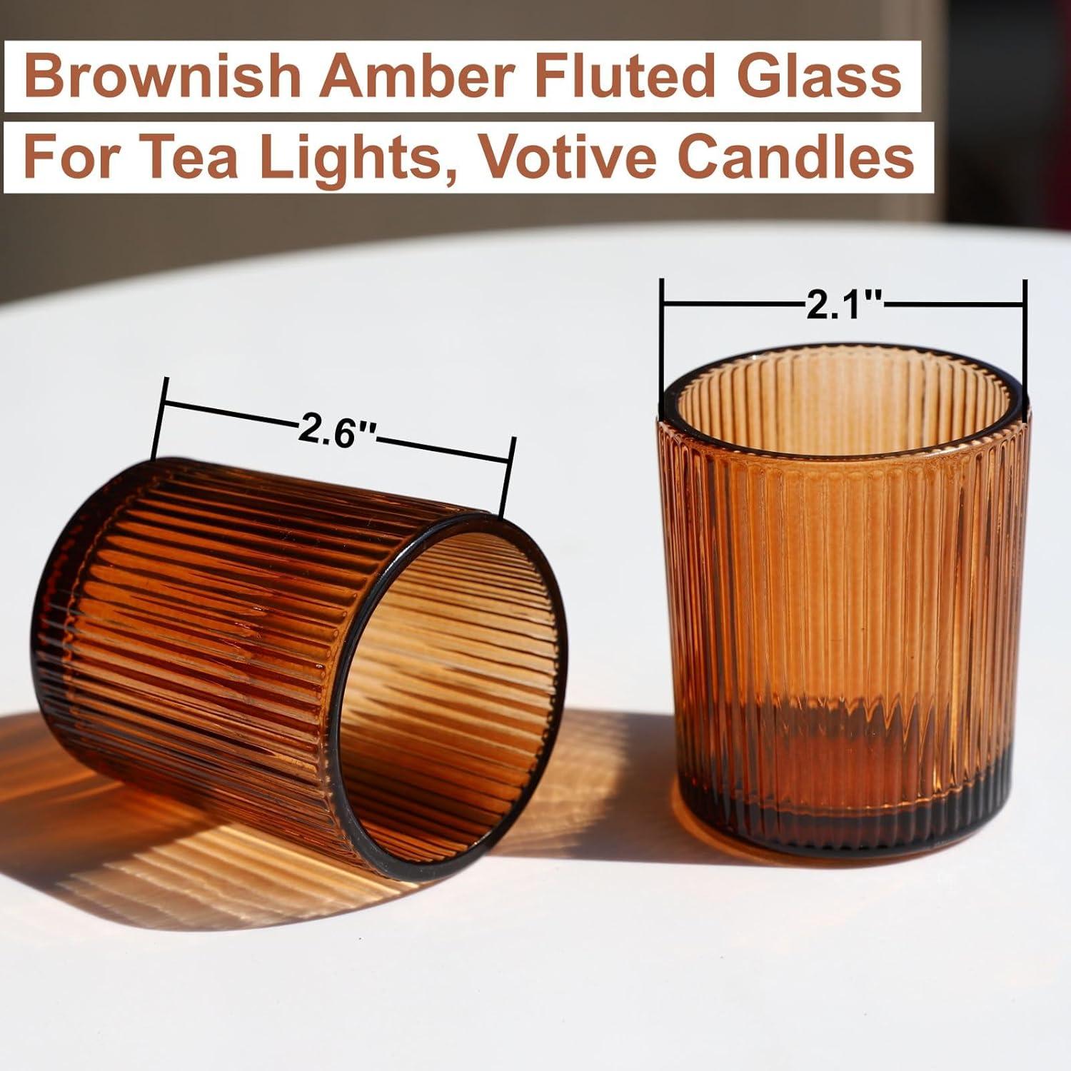 Amber Ribbed Glass Votive Candle Holders, Set of 12