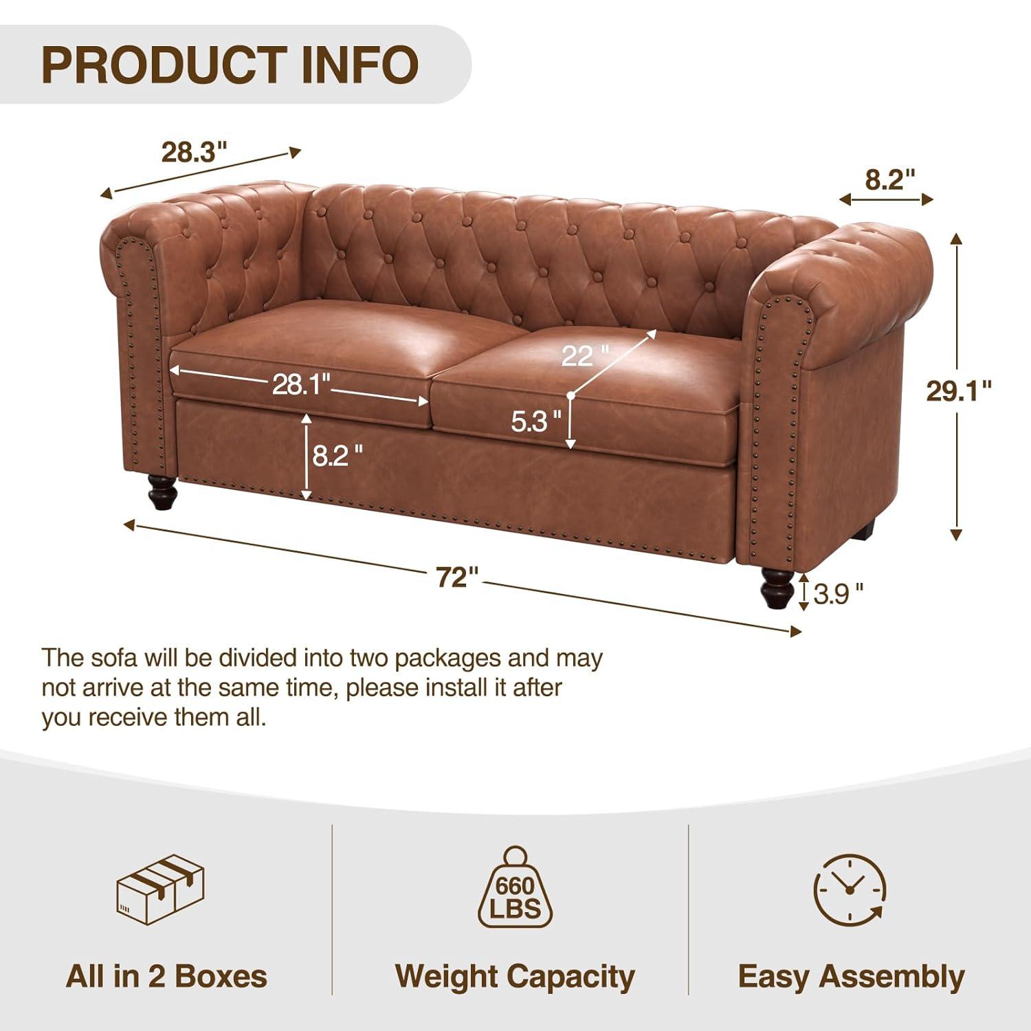Alcott Hill® 72 Inch Couch Chesterfield Leather Sofa With Wooden Legs