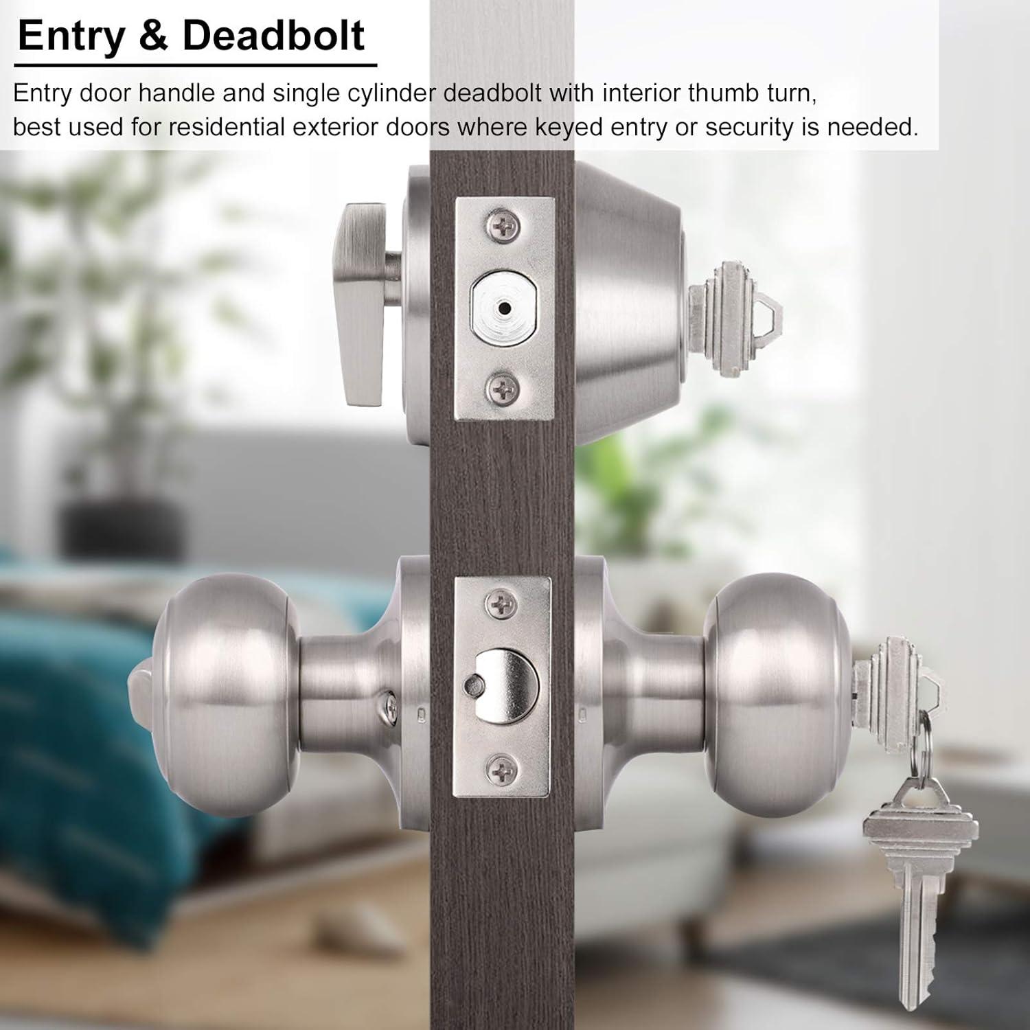 Brushed Nickel Round Stainless Steel Entry Knob and Deadbolt Set