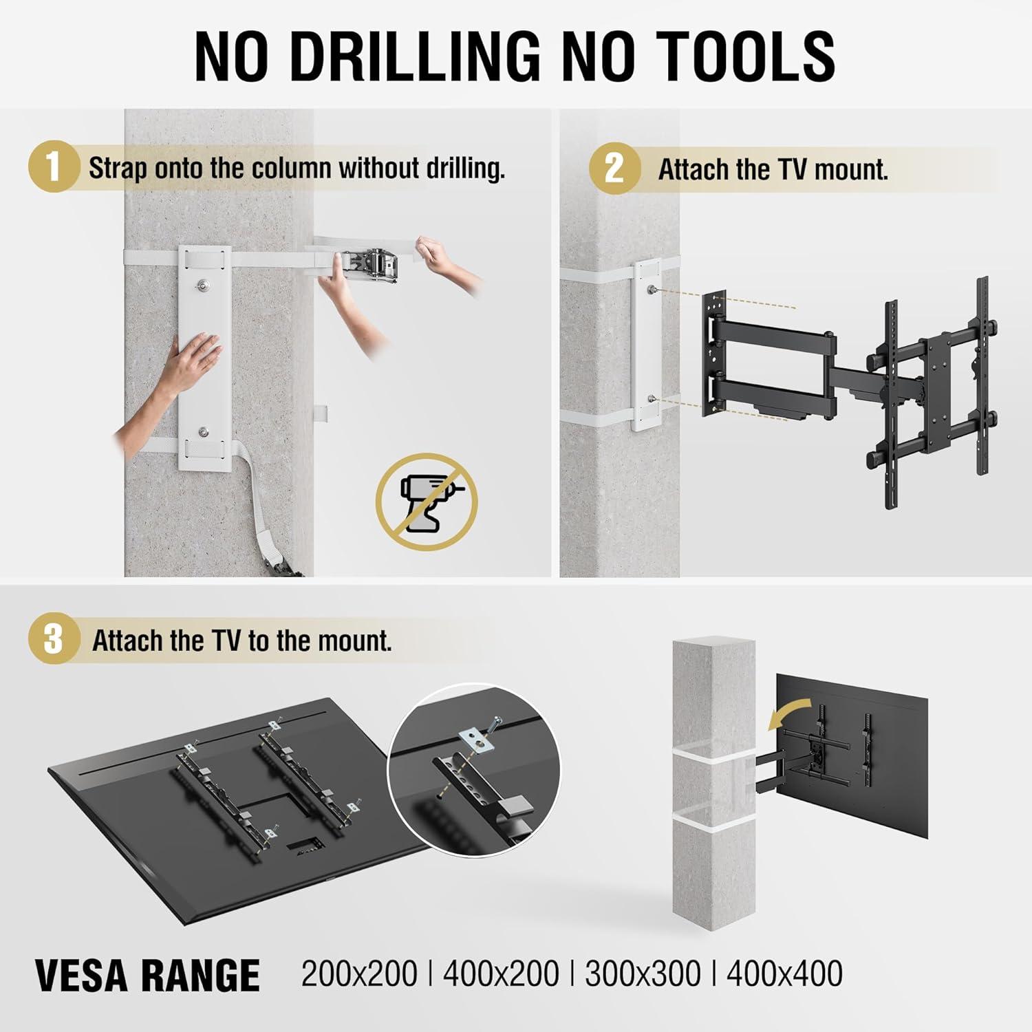 Condo Mounts CondoMounts NO Drill Full Motion Pillar TV Mount,Holds 80lbs,Fits 8" & Wider