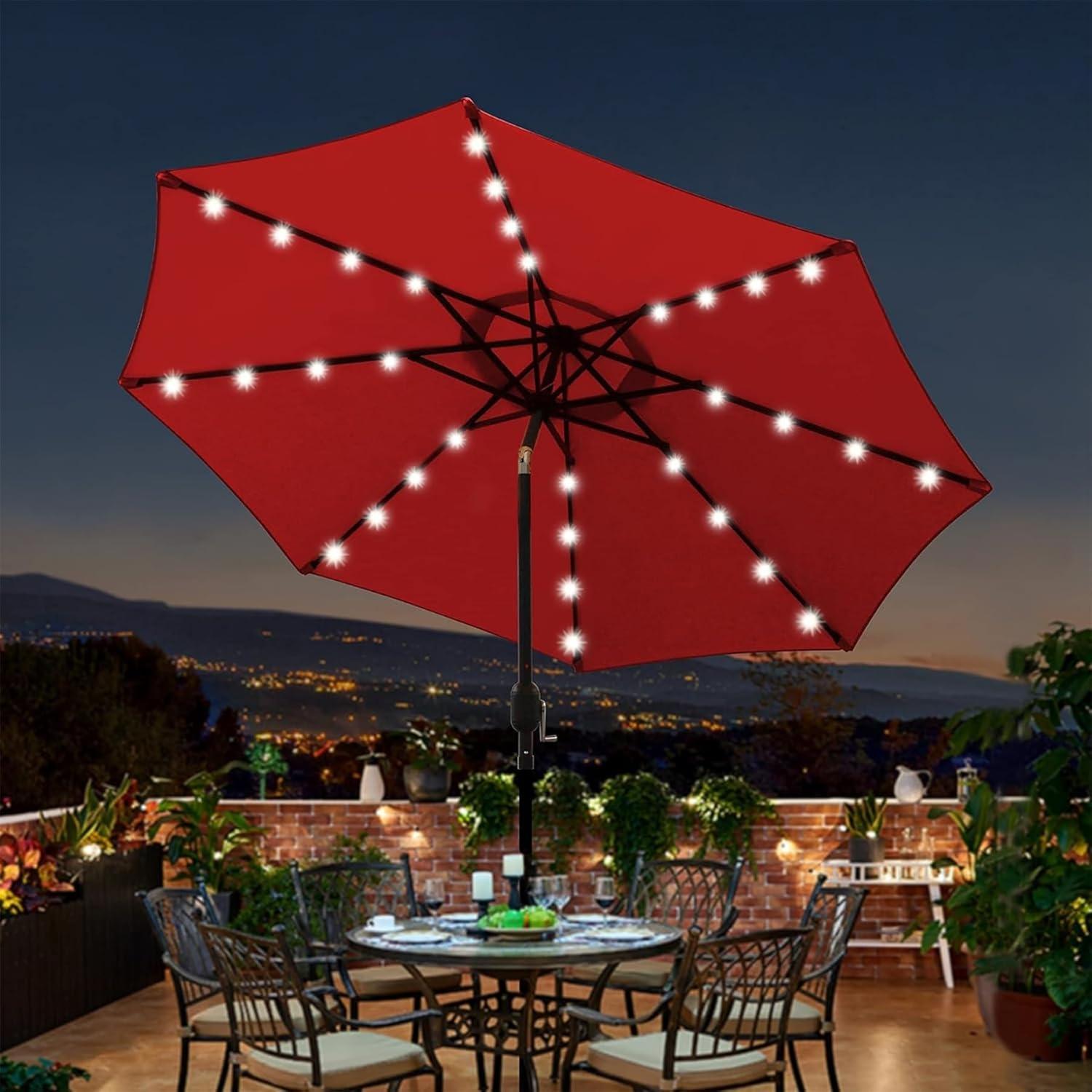 Red 9 ft LED Lighted Patio Umbrella with Stainless Steel Pole