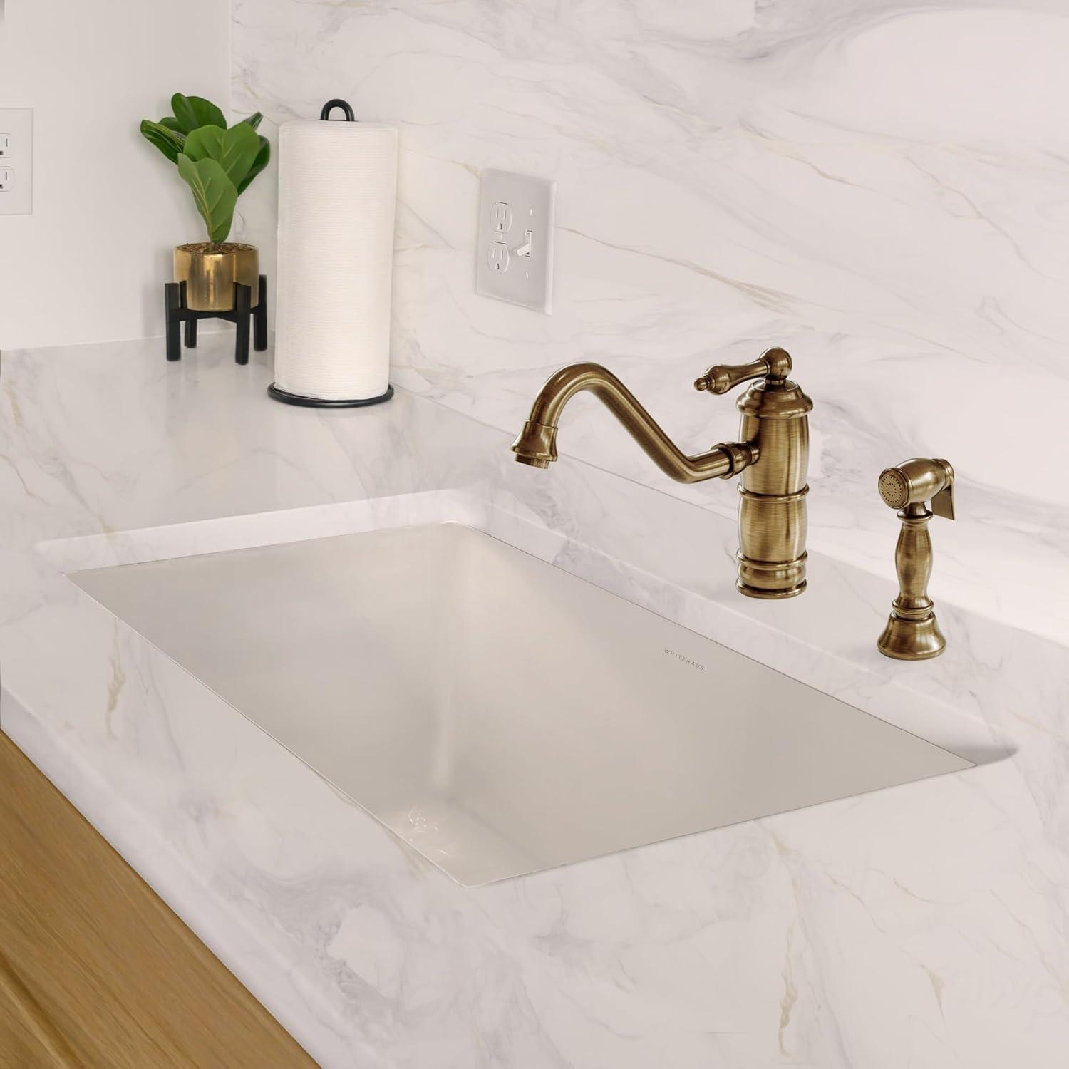 Glossy White Fireclay Drop-in Single Bowl Kitchen Sink with Stainless Steel Grid