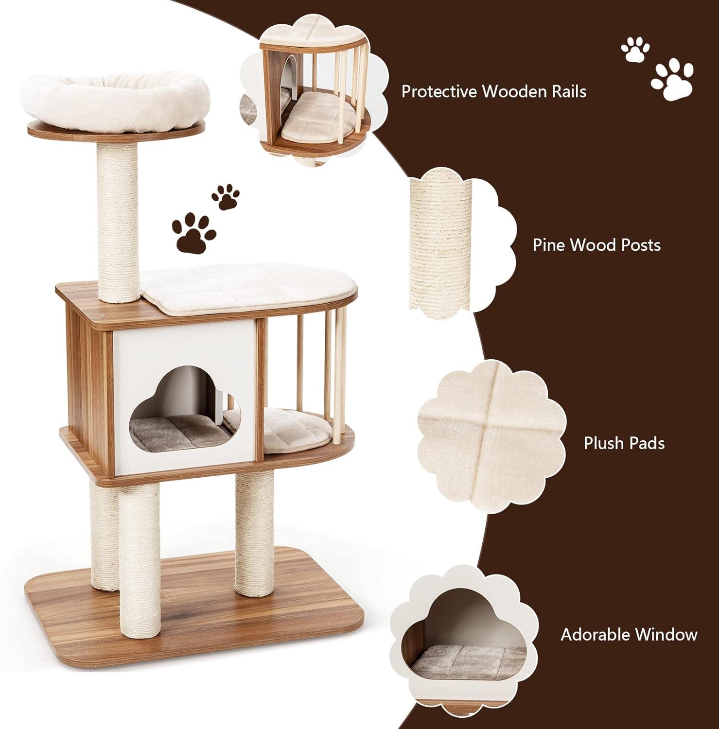 Gymax 46'' Modern Wooden Cat Tree with Platform & Washable Cushions for Cats & Kittens