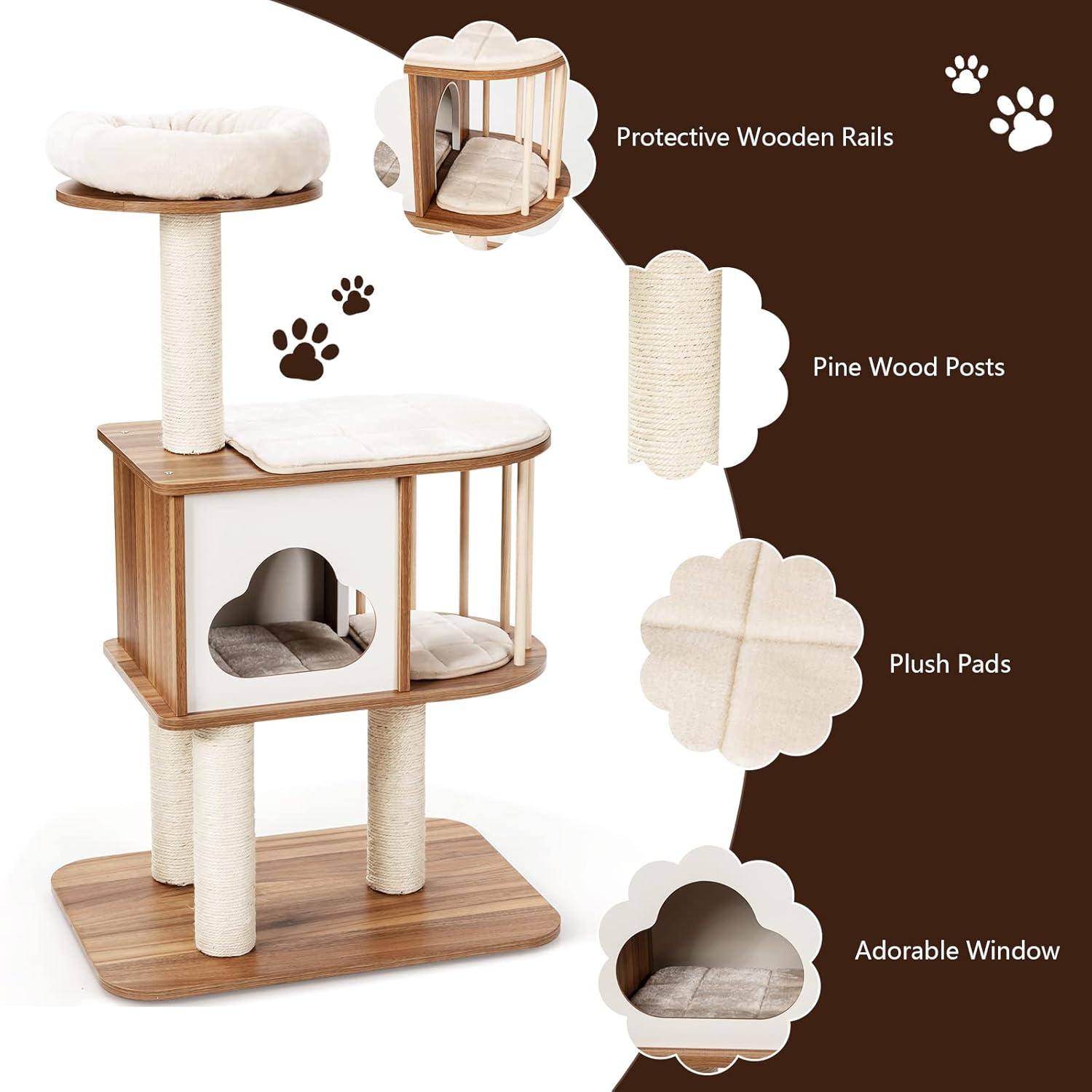 46'' Light Gray Wooden Cat Tree with Sisal Posts and Cushions