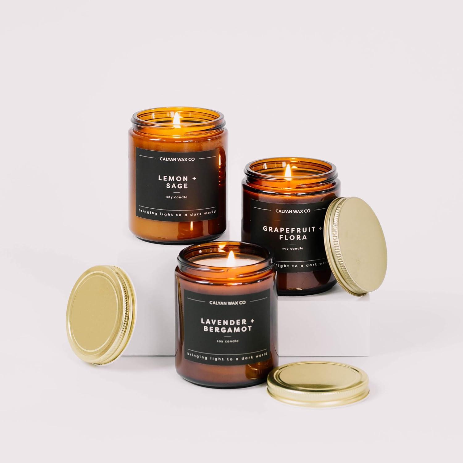 Calyan Wax Co. Soy Wax Candle, Lemon + Sage Scented Candle, 57 Hour Burn Time, Aromatherapy Soy Candles, Non Toxic & Vegan Soy Wax, Amber Glass Jar Scented Candles, 7.2oz