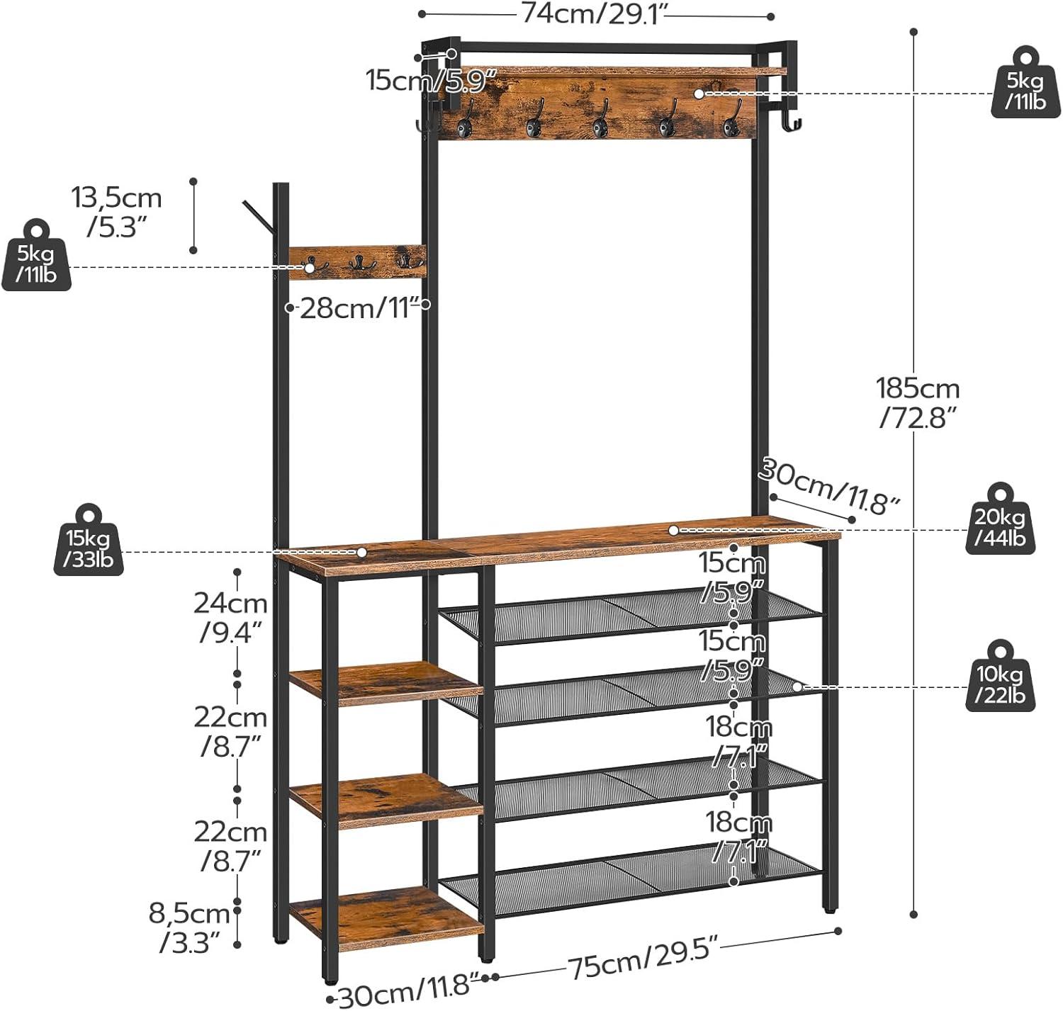 HOOBRO Rustic Brown Hall Tree with Bench, Coat Rack and Shoe Storage, Reversible Shelves - BF105MT01