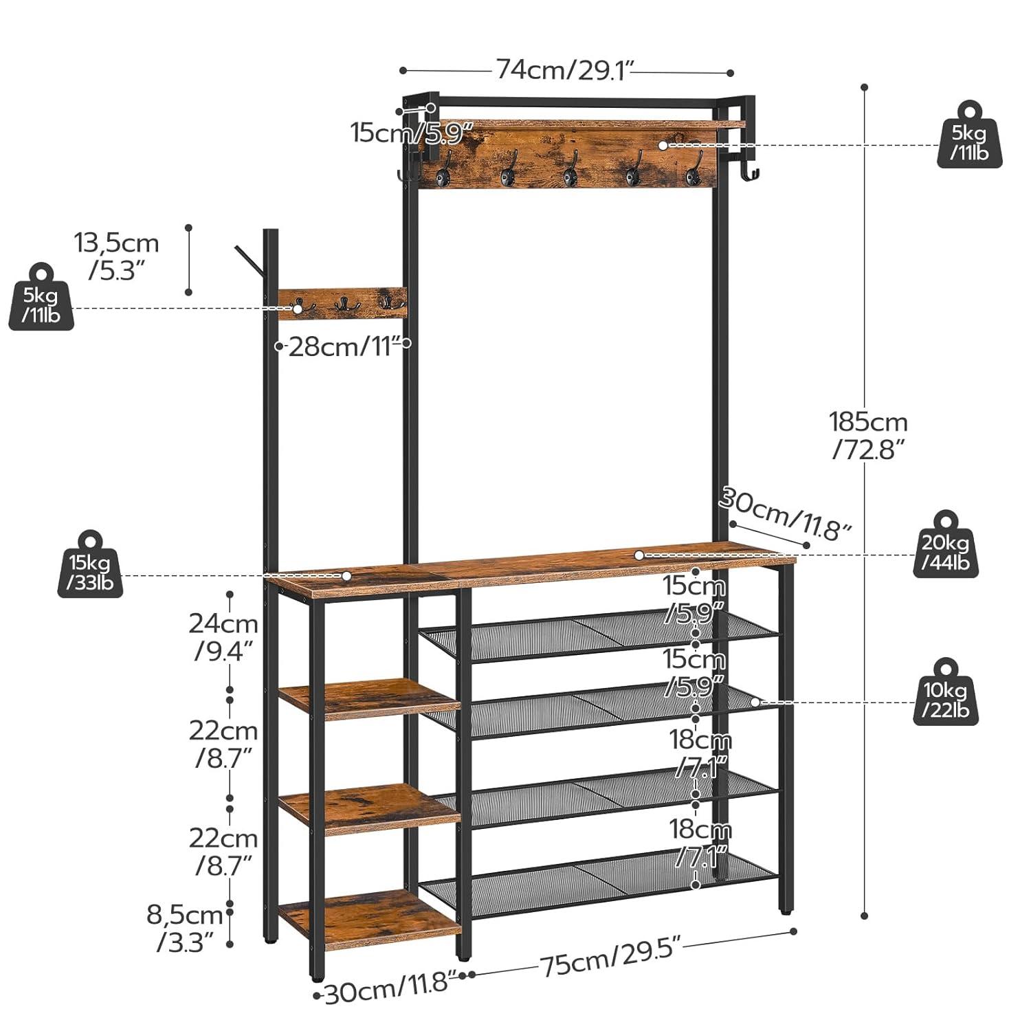 HOOBRO Rustic Brown Hall Tree with Bench, Coat Rack and Shoe Storage, Reversible Shelves - BF105MT01