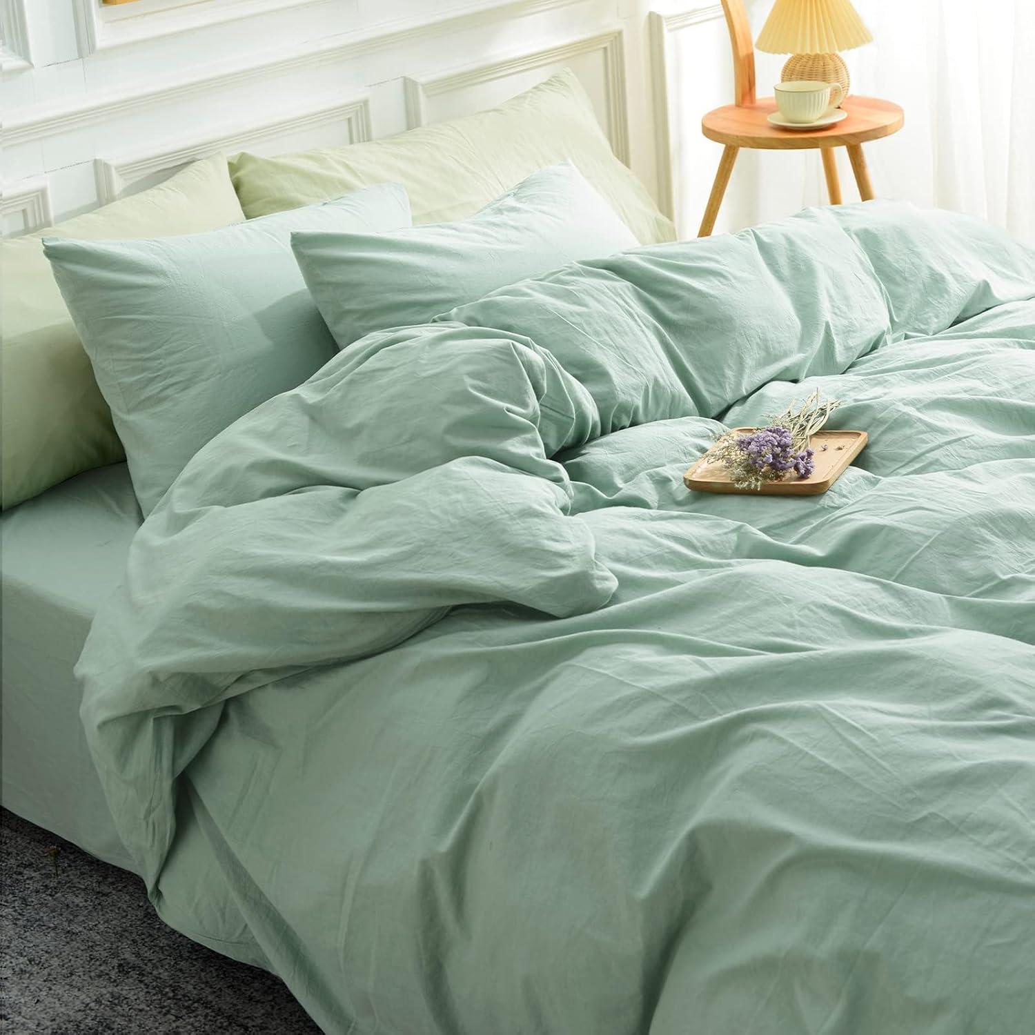 NEXHOME PRO Duvet Cover Set Queen Size Linen Look Textured Organic Natural 100% Washed Cotton Duvet Cover Teal 3 Pieces Bedding Set with Zipper Closure, Breathable, Soft (Aqua Green, No Comforter)
