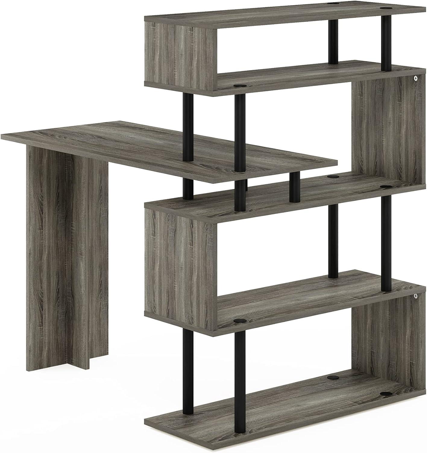 Furinno Moore L-Shape Computer Desk with 5-Tier Shelves, French Oak/Black