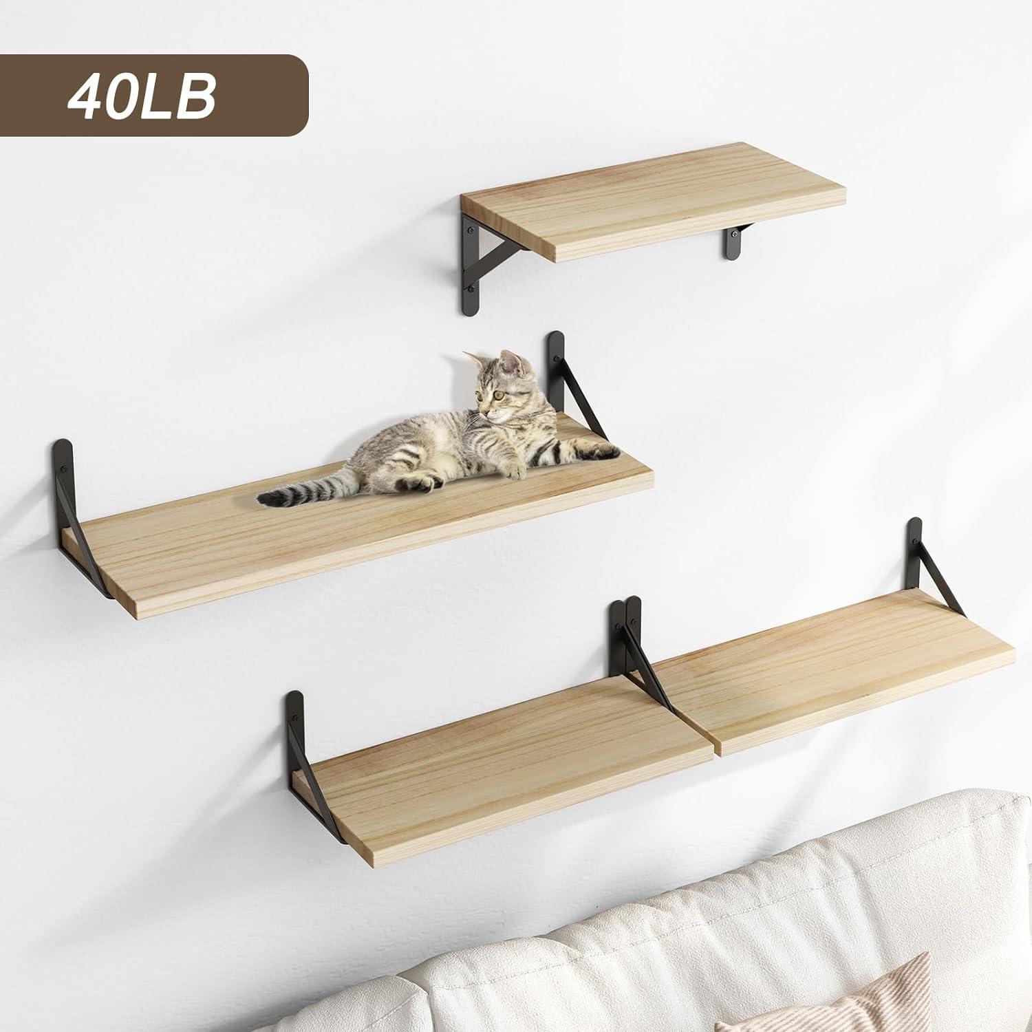 Natural Wood Floating Wall Shelves with Black Metal Brackets, Set of 4