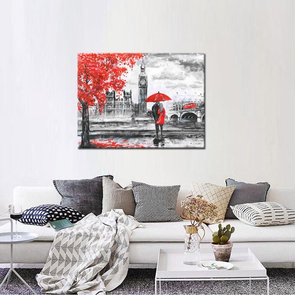 Romantic Red Umbrella Couple London Landscape Canvas Art