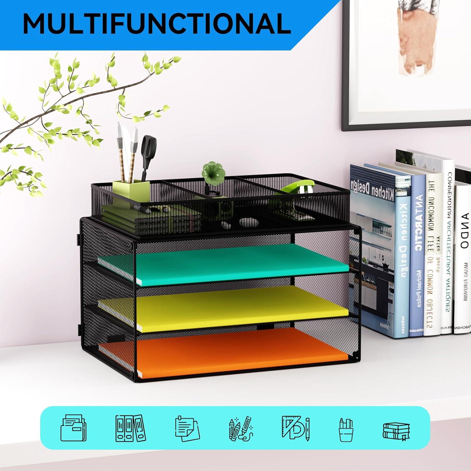 Paper Letter Tray Organizer, 3 Tier Mesh File Tray Desktop Paper Sorter with Drawer, Black