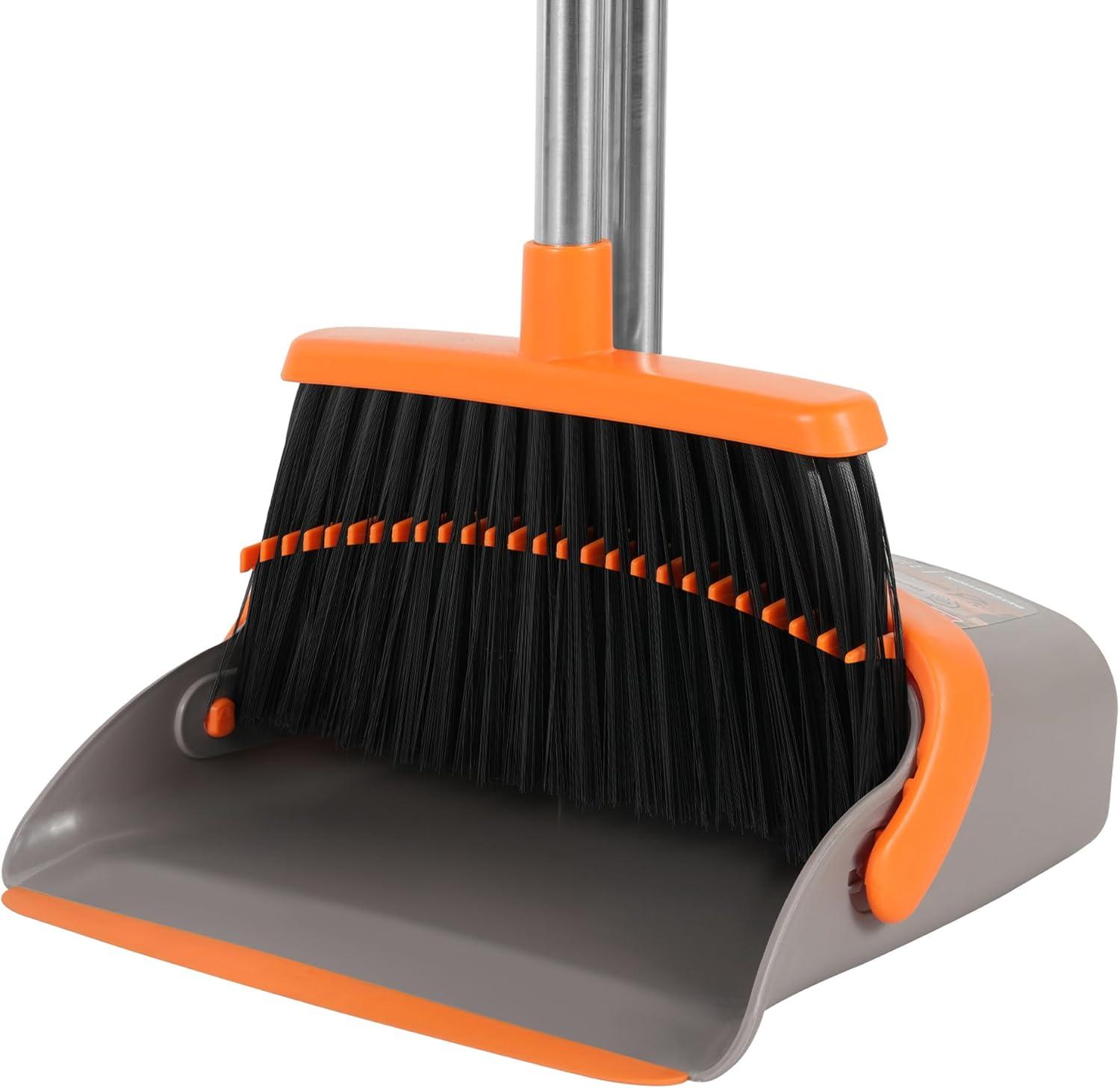 Adjustable Stainless Steel Broom and Dustpan Set with Orange Handle